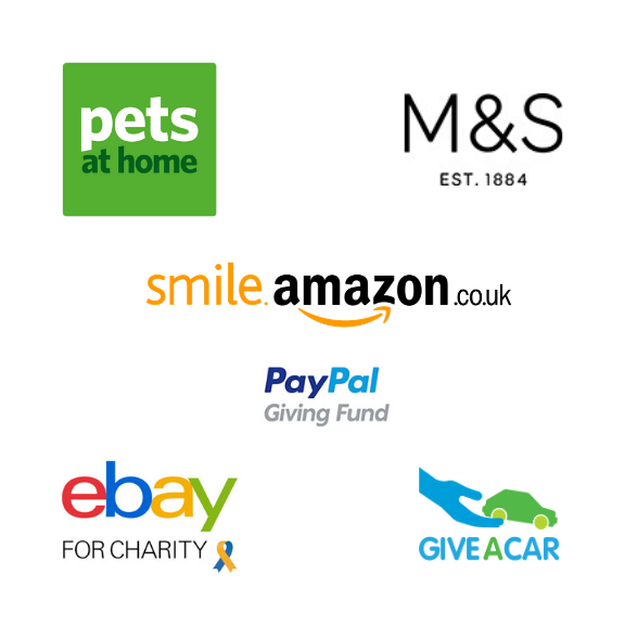 Corporate partner logos including M&S, Pets at Home, Amazon Smile, eBay for Charity and PayPal Giving Fund