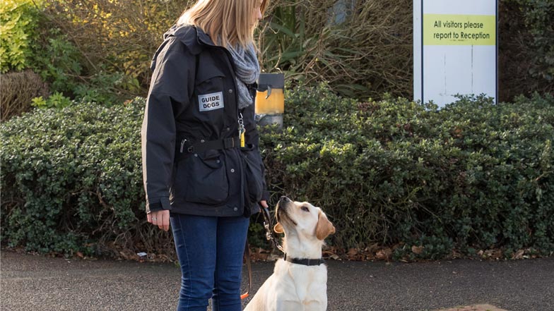 Irvine and Guide Dogs trainer Cassi outside a training centre Irvine and Guide Dogs trainer Cassi outside a training centre