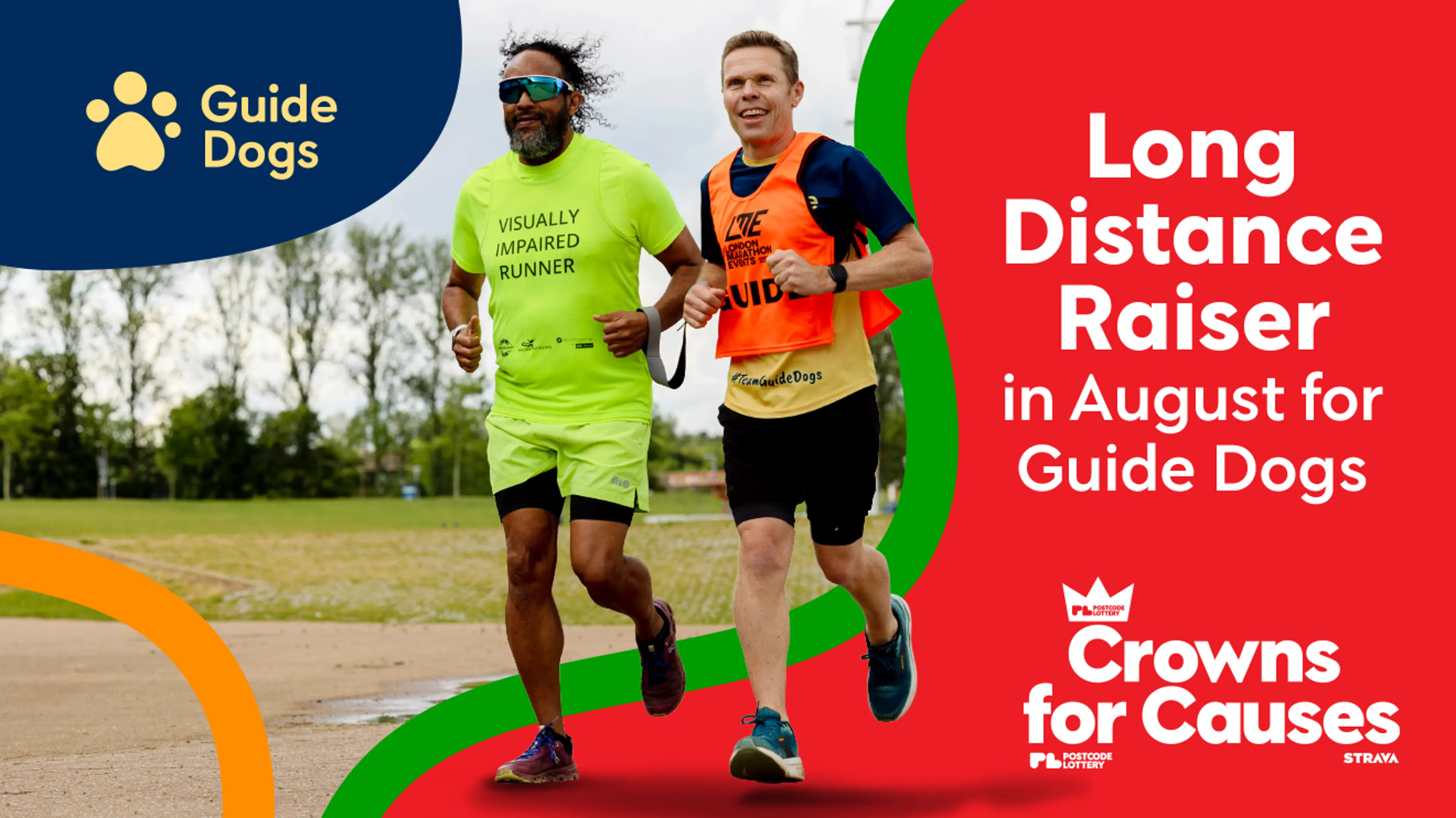Image of a runner with visual impairment and a guide, the banner reads long distance raiser in august for Guide Dogs