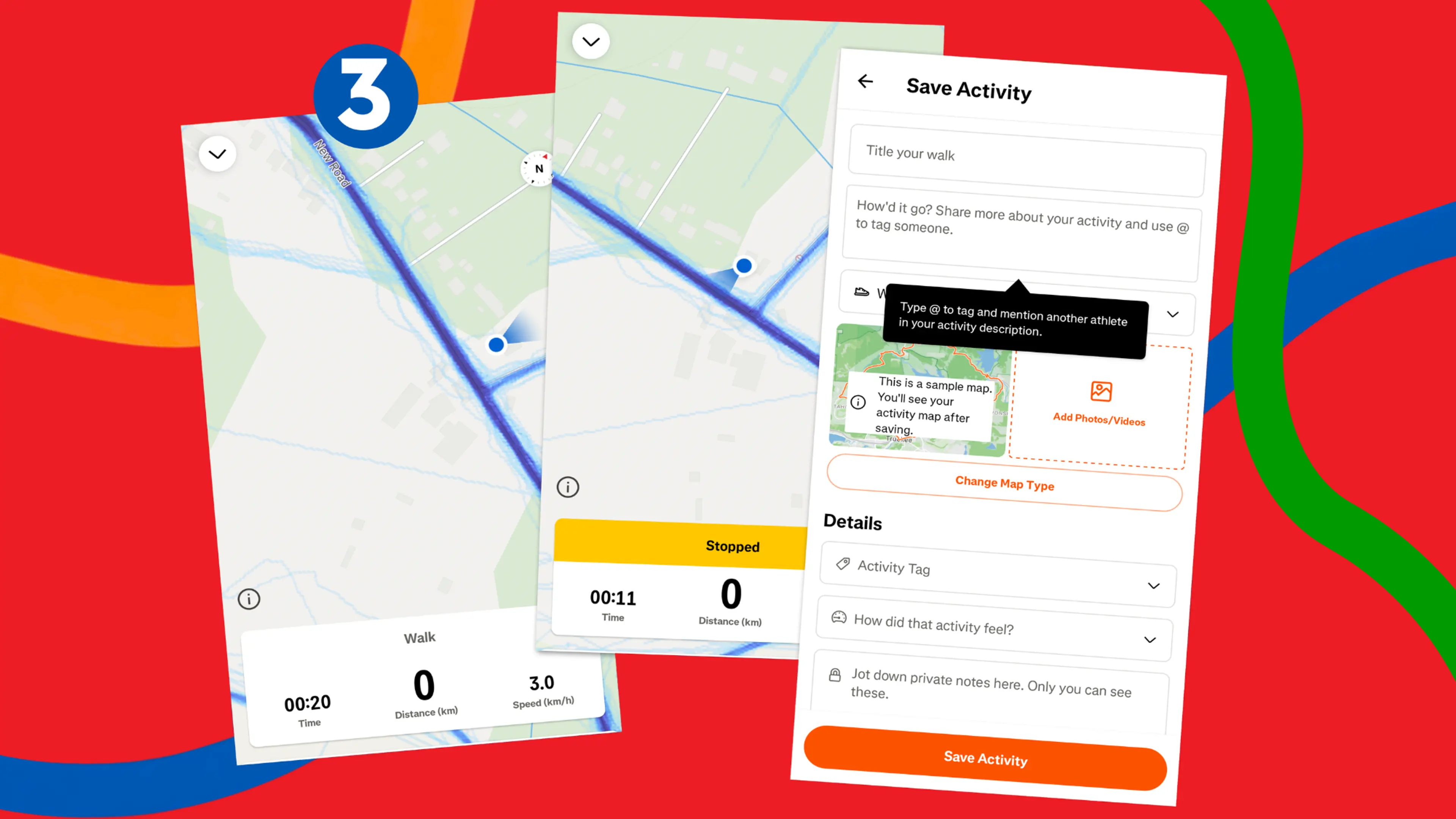 A step by step guide on how to join the Crown for Causes challenge for August. A red background displaying three screenshots of the Strava app showing how to track and log your activity.