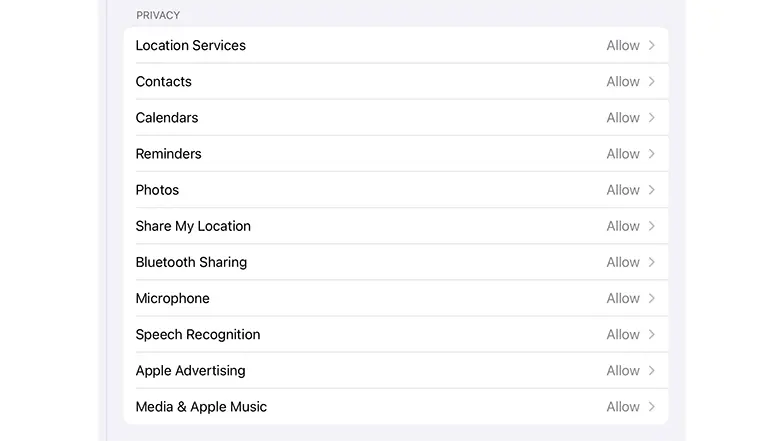 An Apple device screen showing the menu of privacy options.