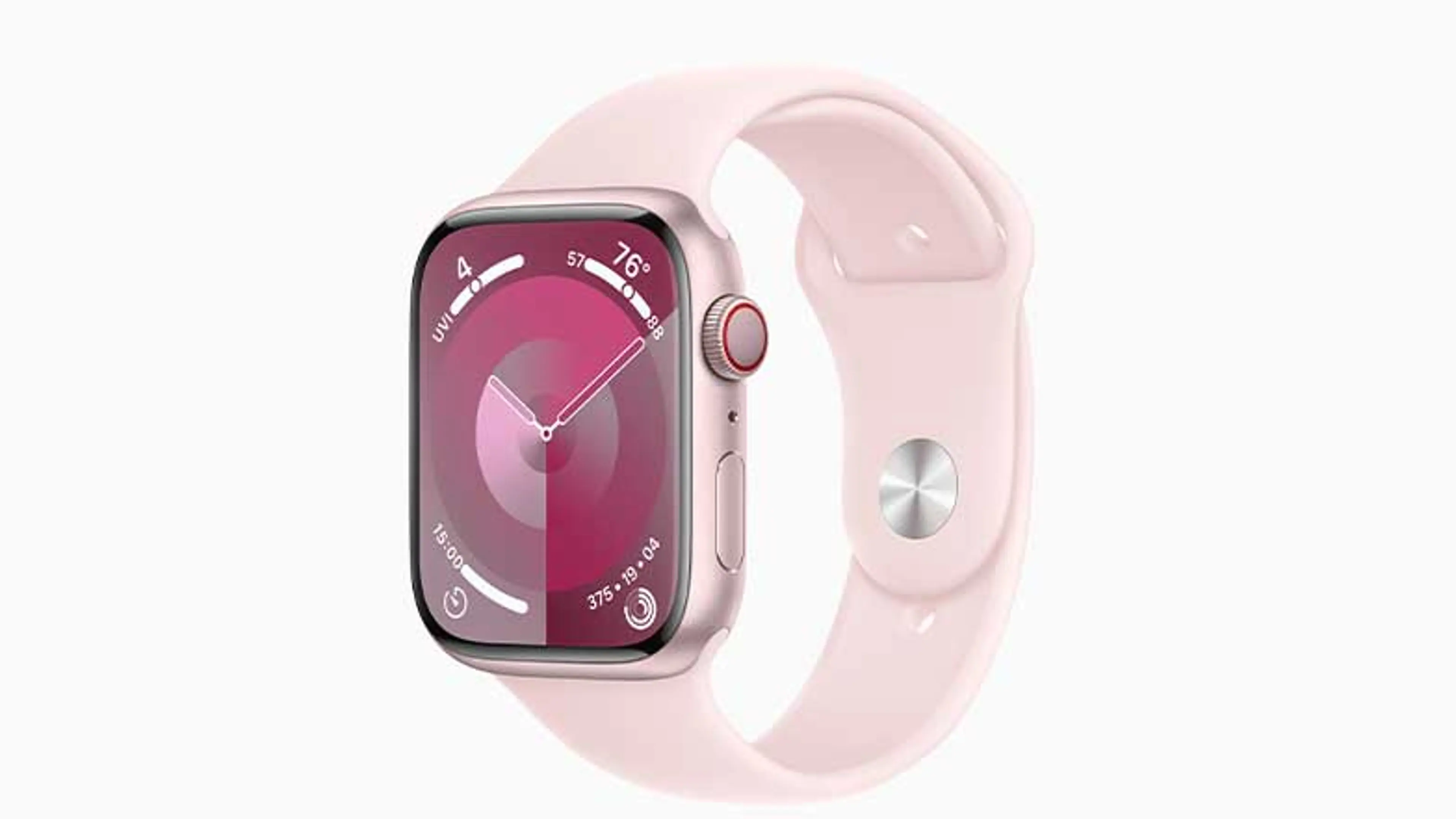 An image of an Apple Watch with a pink rubber strap