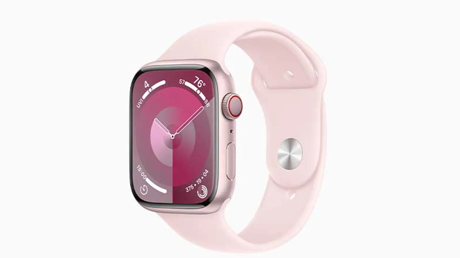 An image of an Apple Watch with a pink rubber strap