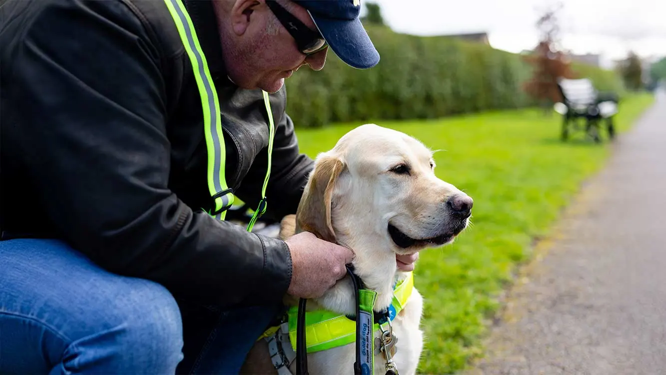 Guide dog owner sitting with his hand loosely placed on his guide dog's collar.
