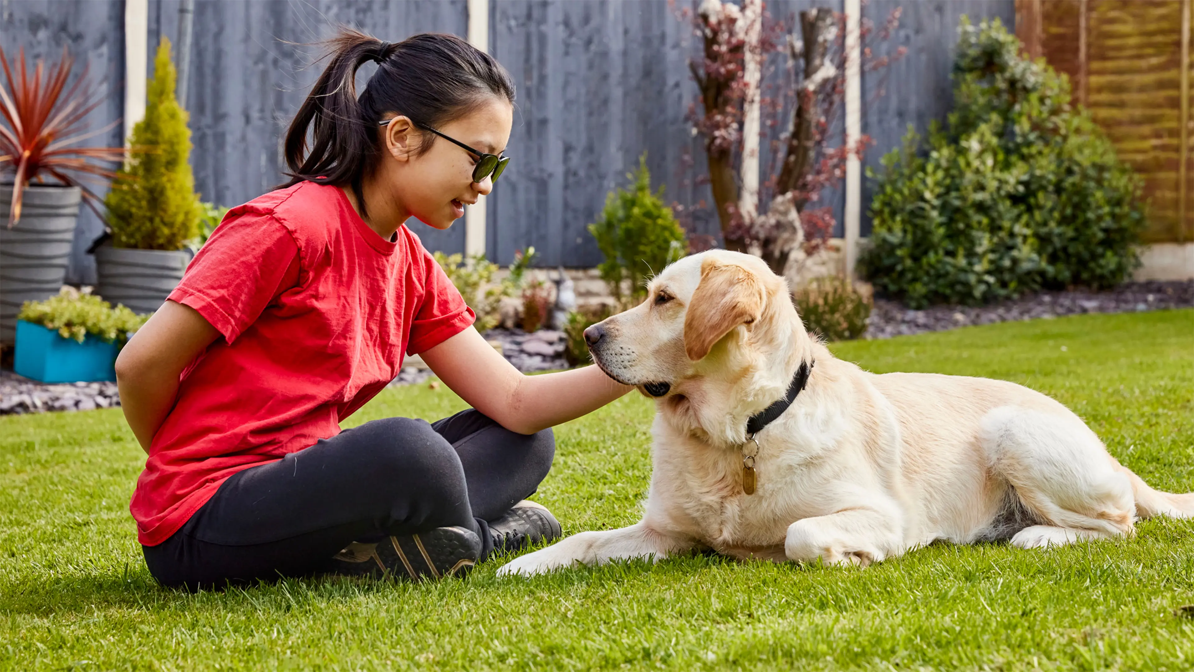 Caitlin, a young girl with vision impairment, sits on the grass in her garden with her buddy dog Mabel.