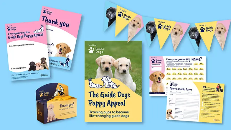 A collage of the resources in the Guide Dogs Puppy Appeal pack for individuals and workplaces