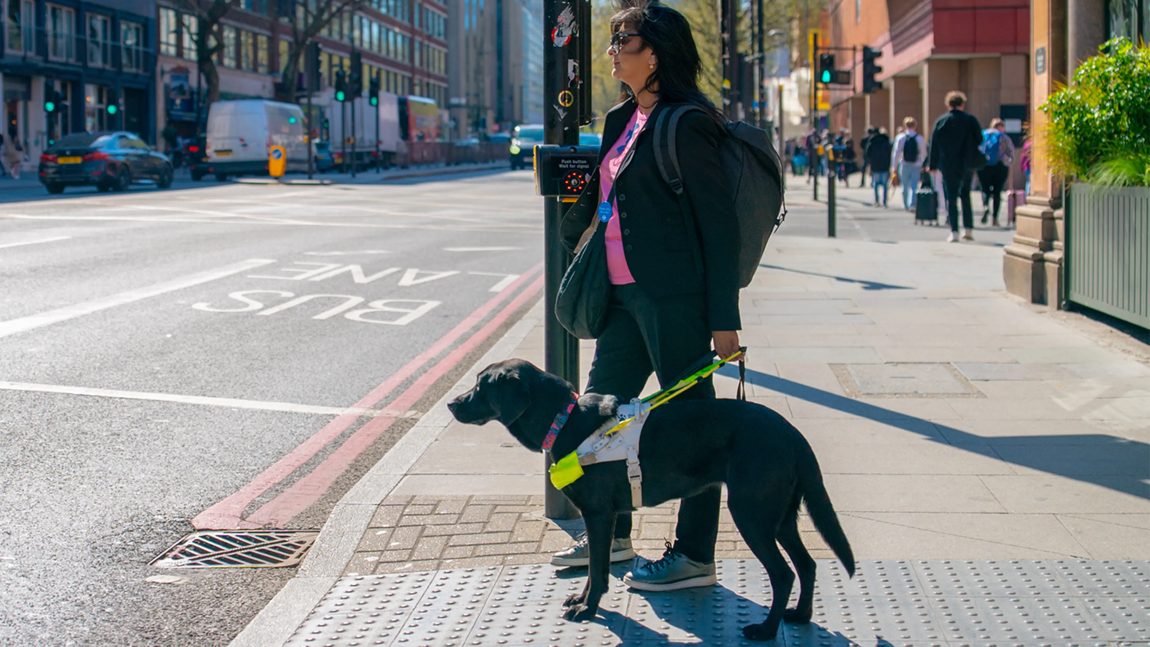 Deborah and her black Labrador guide dog Betty wait at a crossing on their commute to work.
