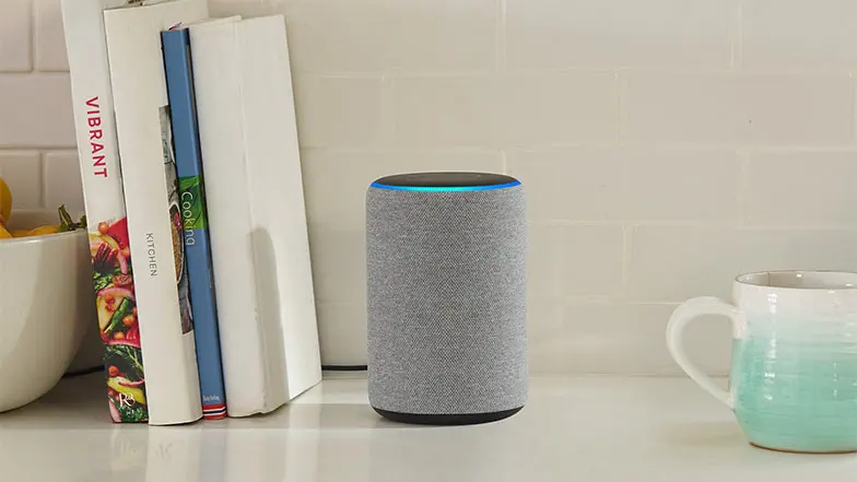 An image of an amazon echo device on a bookshelf