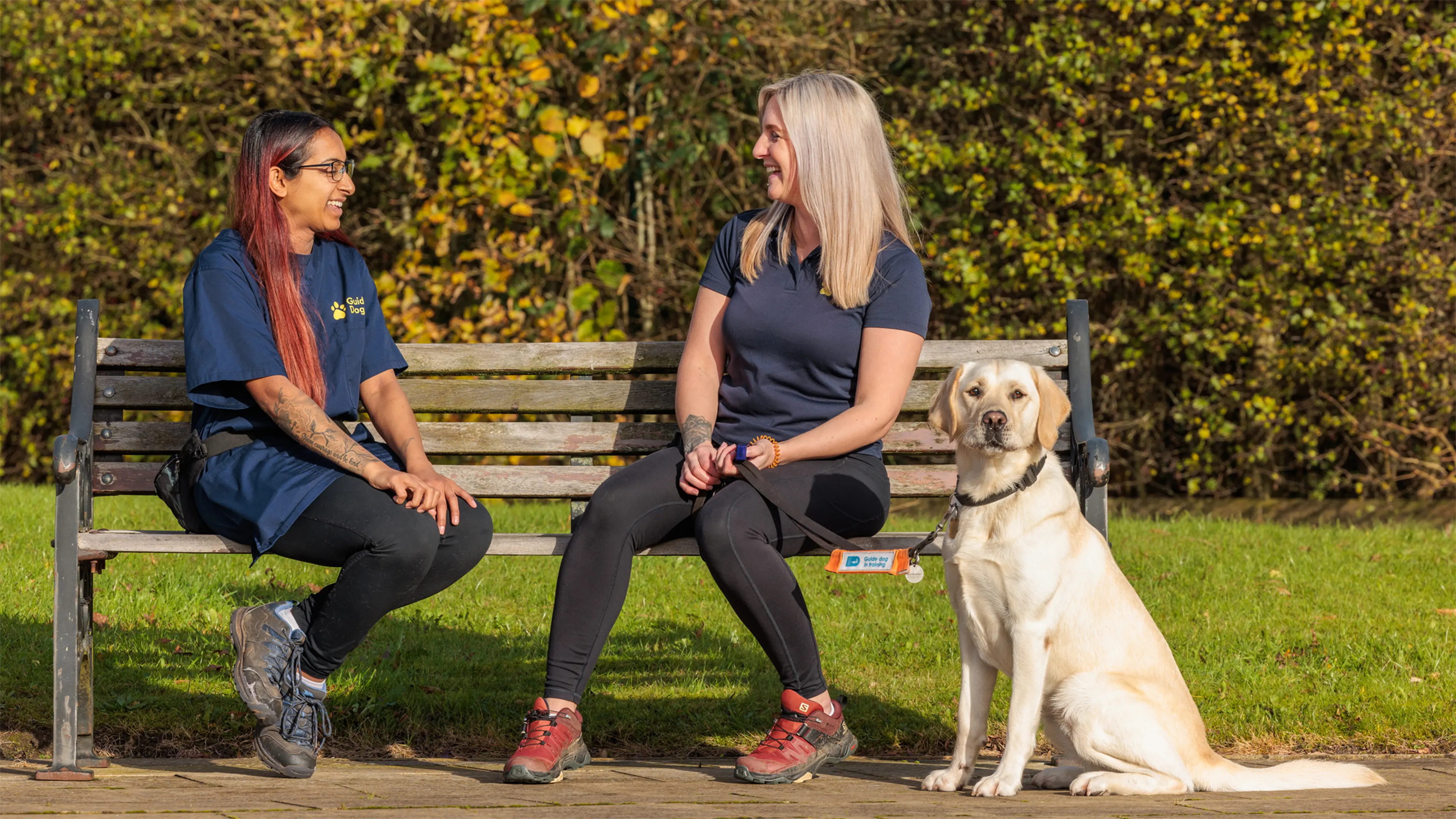 Two members of the Guide Dogs canine team sit on a bench outside. One of them holds the lead of a Labrador guide dog in training.