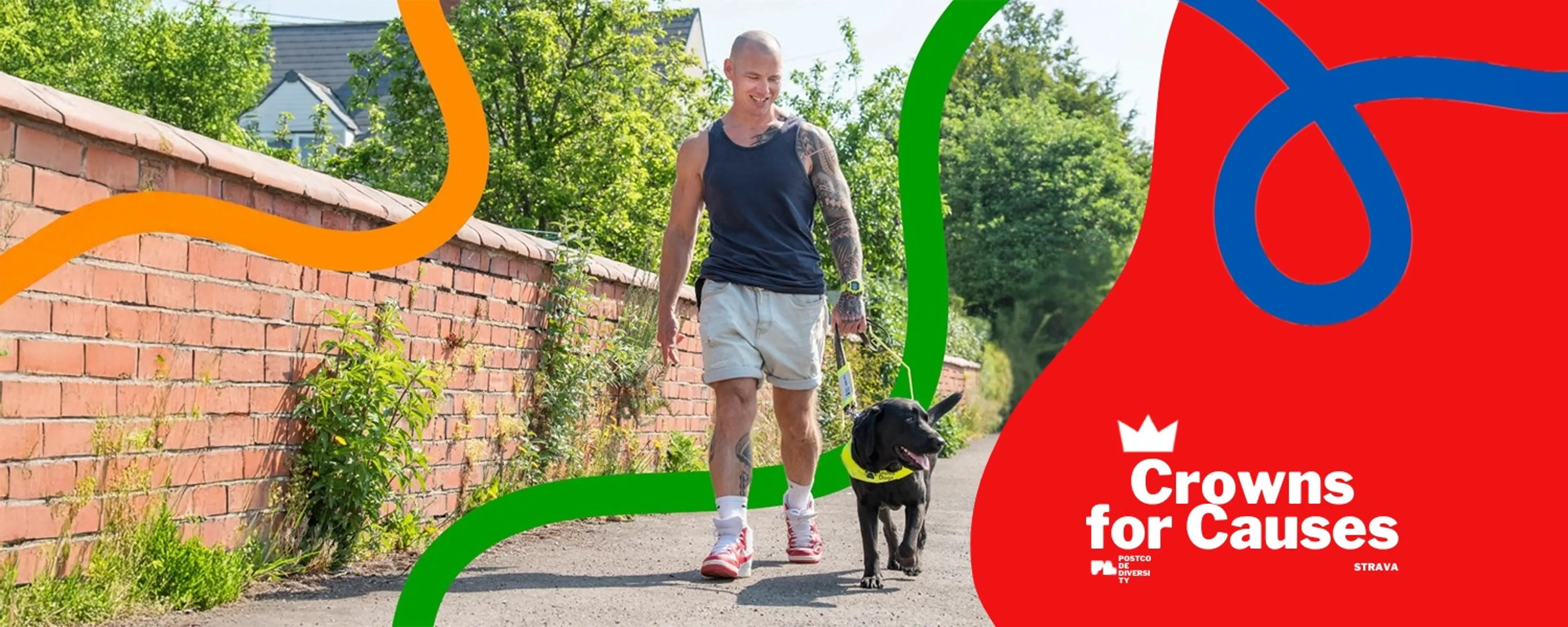 Guide dog owner Mark walks along a sunny street holding the harness of his guide dog Mary.
