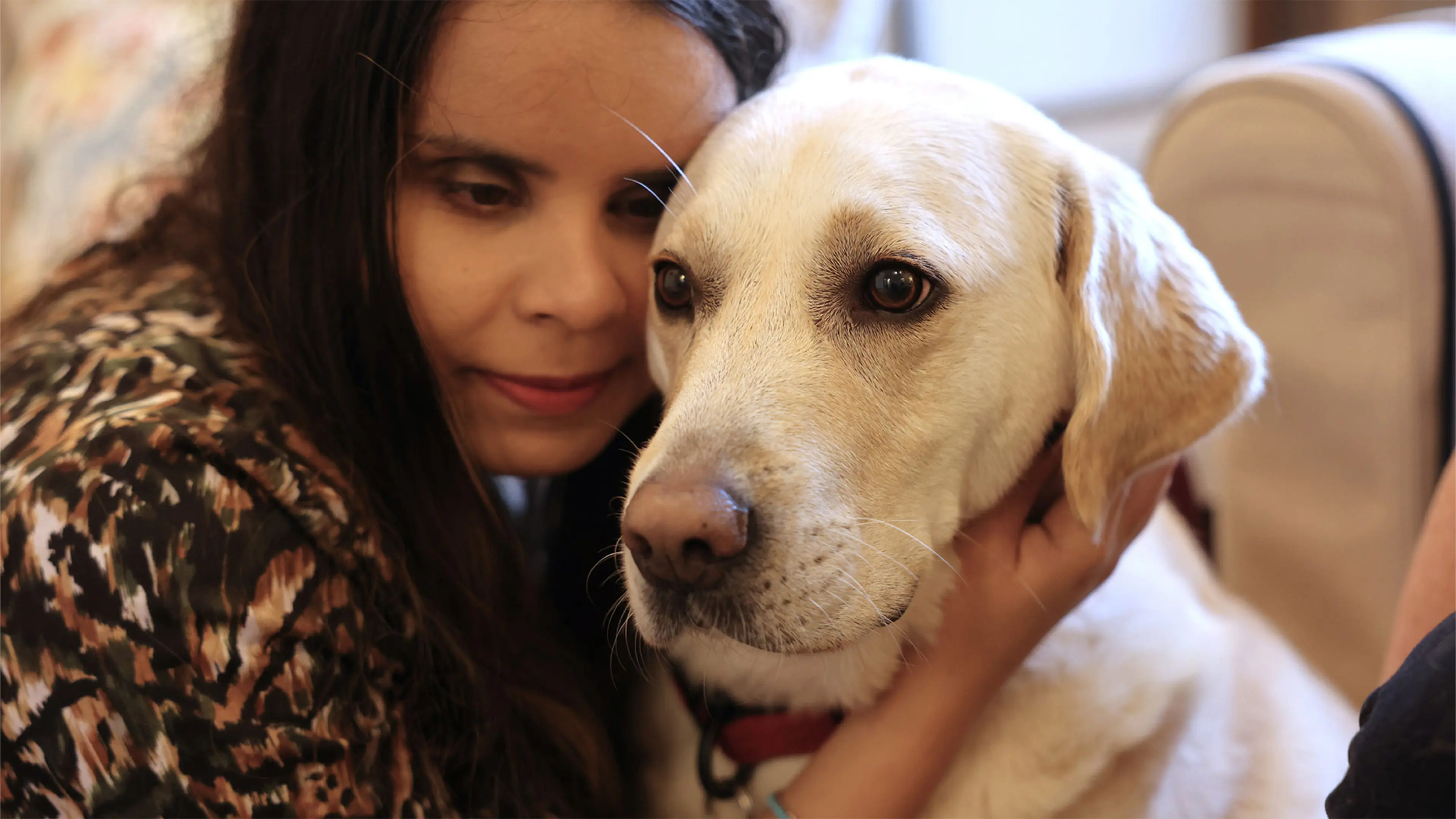 Guide dog owner Hannah rests her head gently on guide dog Wendy's ear.