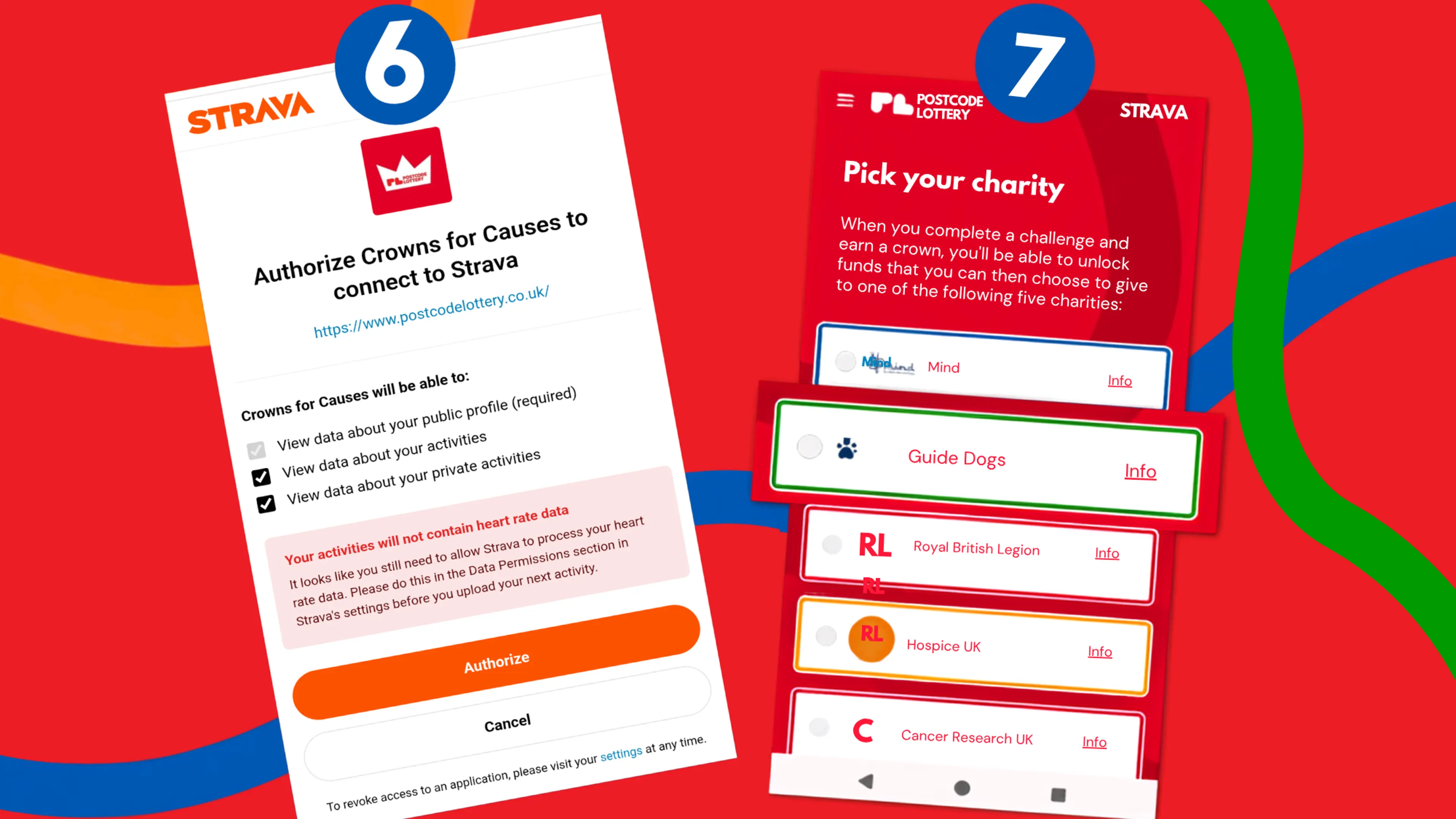 A step by step guide on how to join the Crown for Causes challenge for August. A red background displaying two screenshots of the Crown for Causes challenge showing how to redeem your donation.