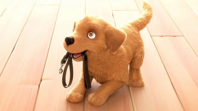 Flash, a cartoon Labrador puppy, is in a pouncing pose. She is looking upwards, has a smile on her face, and is holding her lead in her mouth.