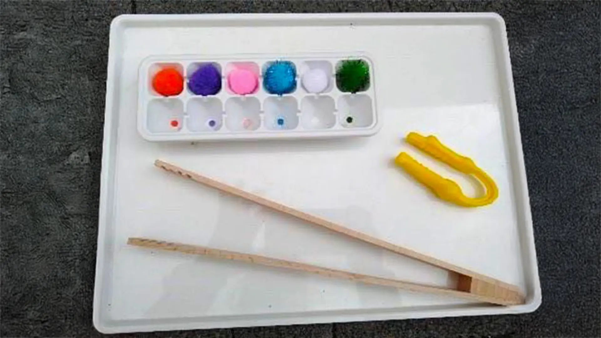 A white trey containing a egg container, some colourful pom poms, tongs and a plastic tweezer. 