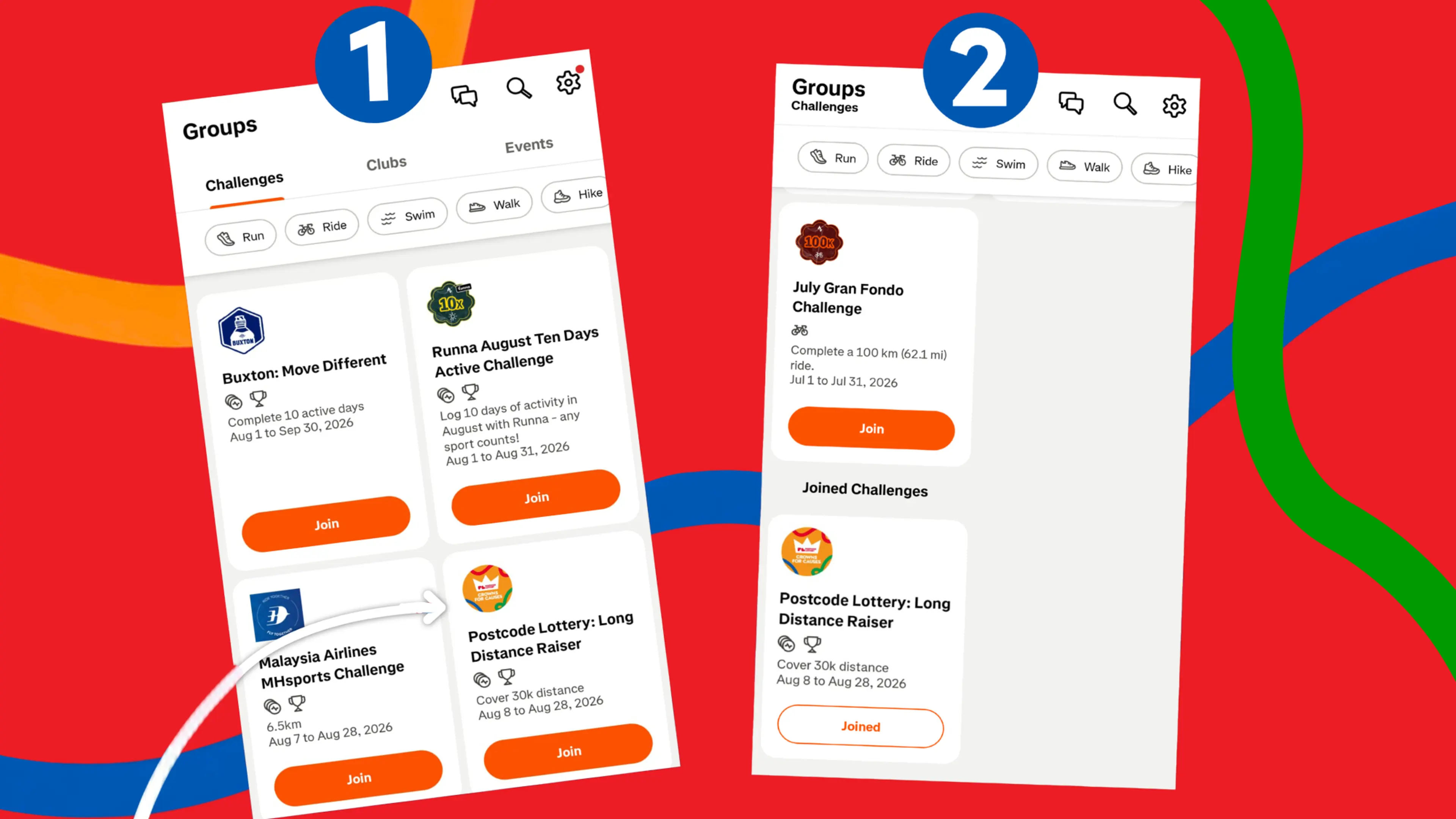 A step by step guide on how to join the Crown for Causes challenge for August. A red background displaying two screenshots of the Crown for Causes challenge showing how to join them.