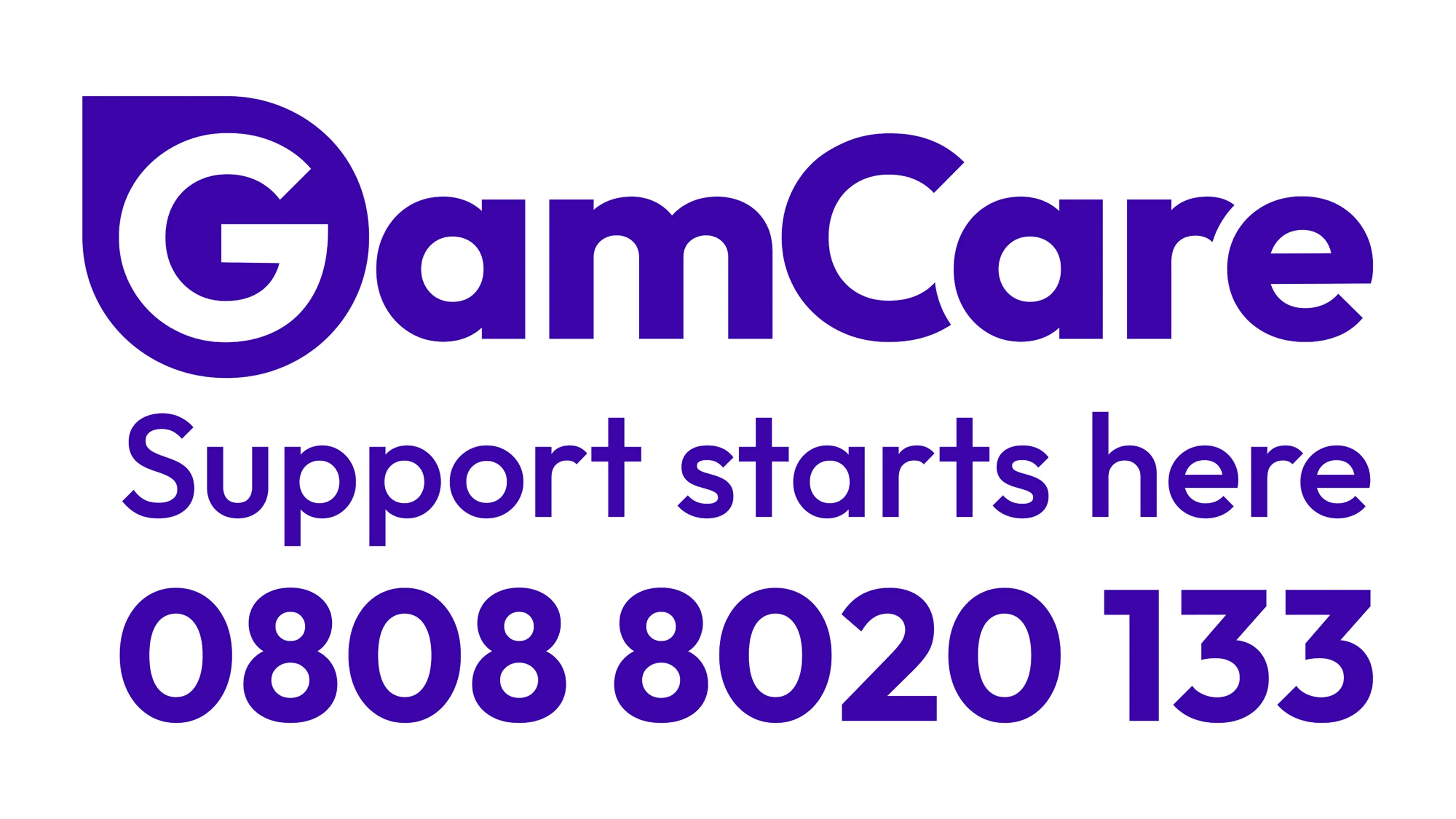 GamCare solid indigo on white and telephone number 0808 8020 133.