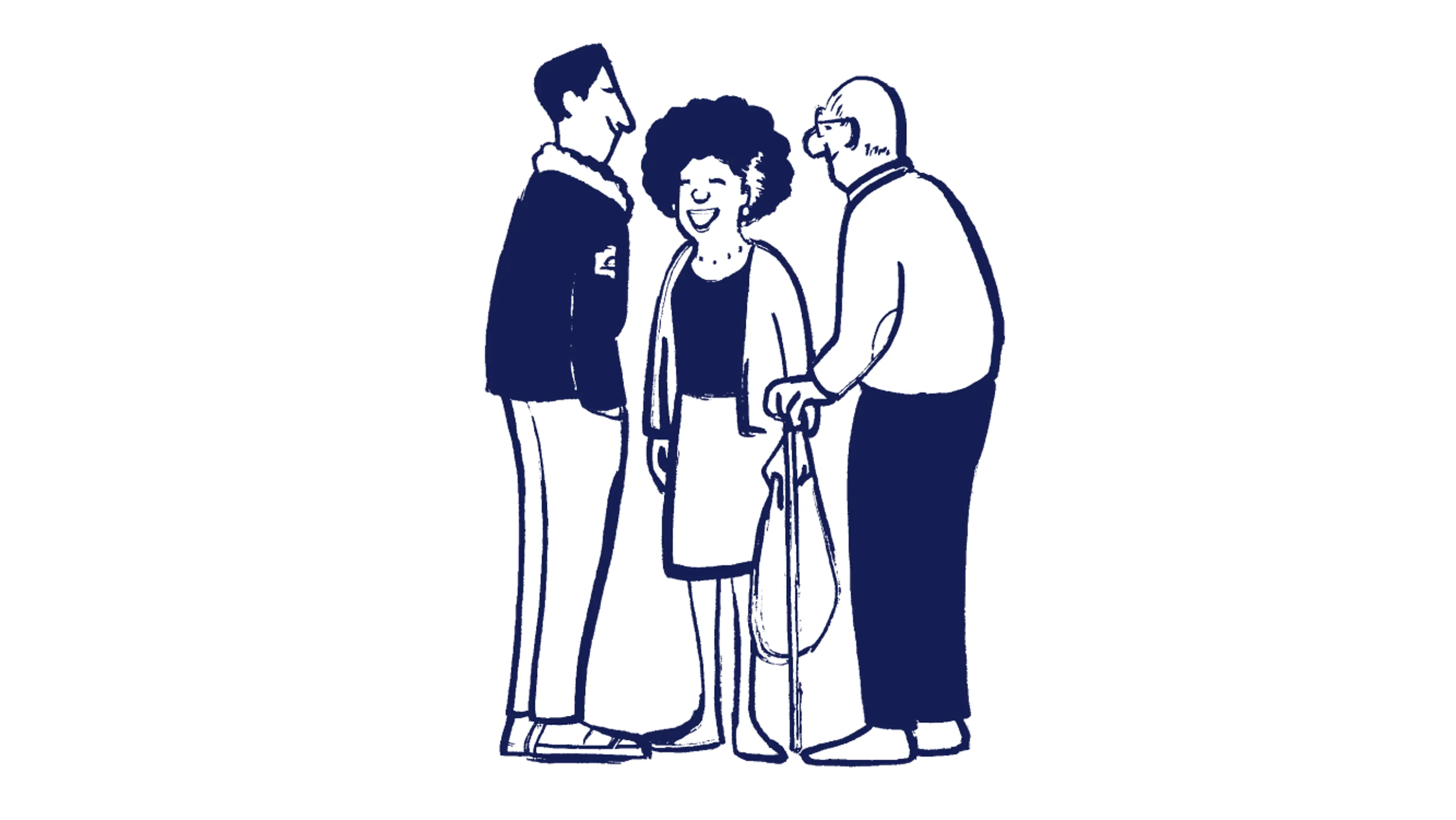 Illustration of a group of people (a woman and two men) standing together in conversation.