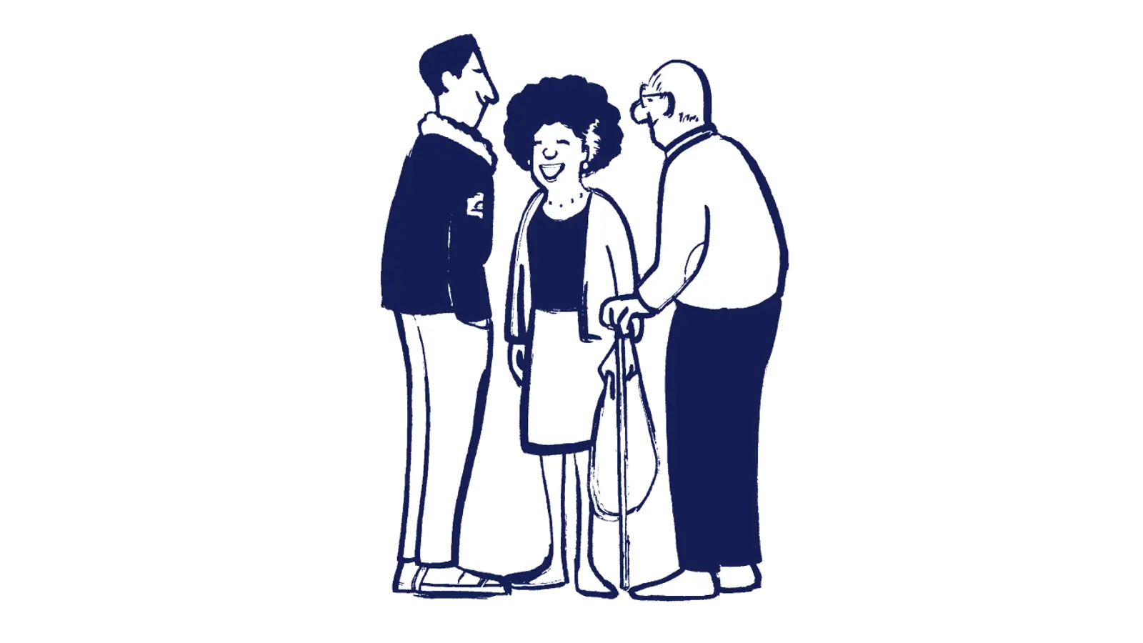 Illustration of a group of people (a woman and two men) standing together in conversation.