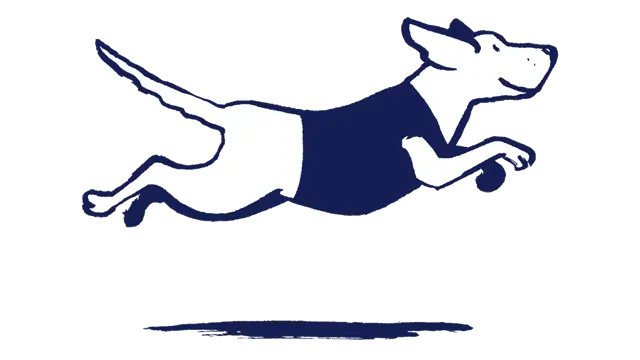 Illustration of a dog running, leaping through the air. The dog is wearing a coat.