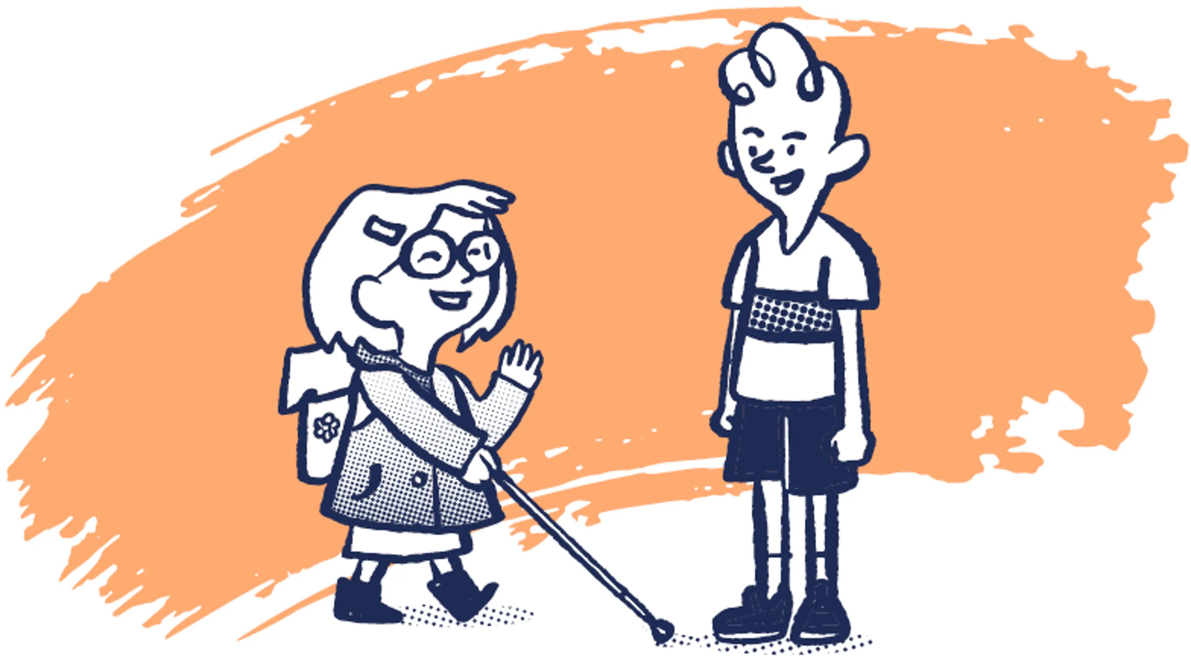 Illustration of a cane user waving to a friend.