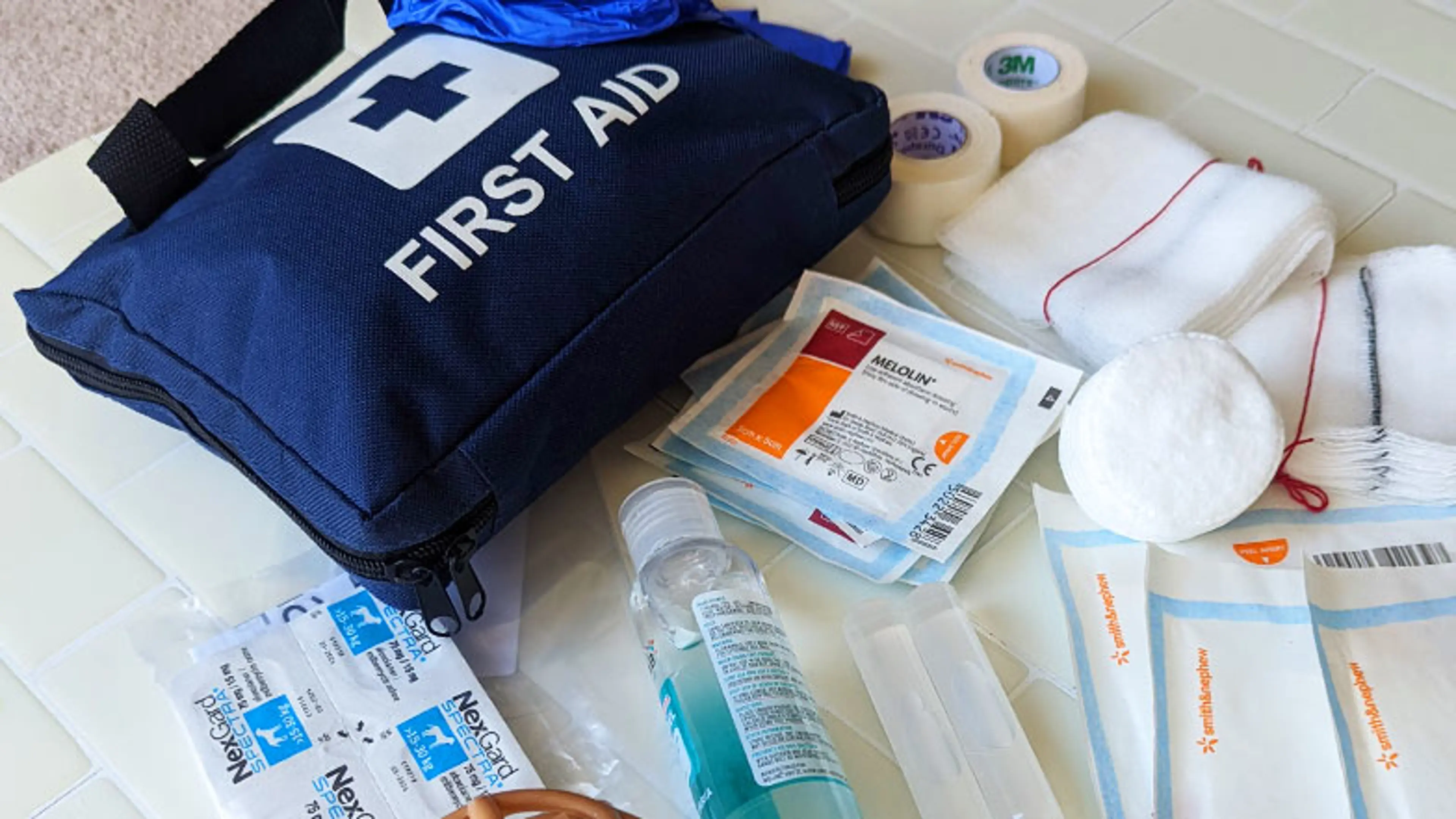 A dog first aid kit lying next to first aid equipment, such as disposable gloves, saline solution and gauze.