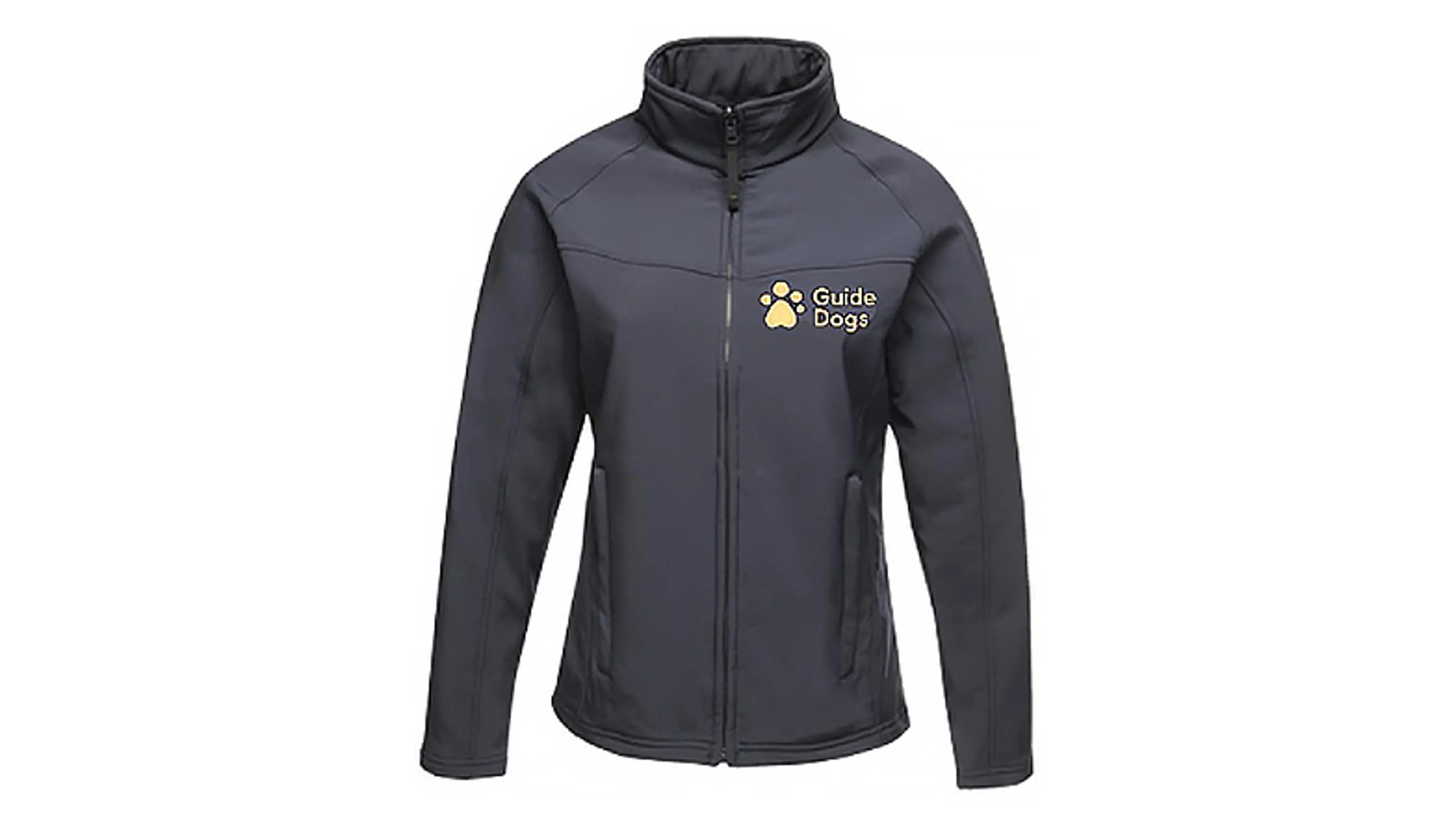 A black jacket for ladies with long sleeves and pockets. There is a pale yellow people paw logo and “Guide Dogs” wording on the left hand side of the chest.