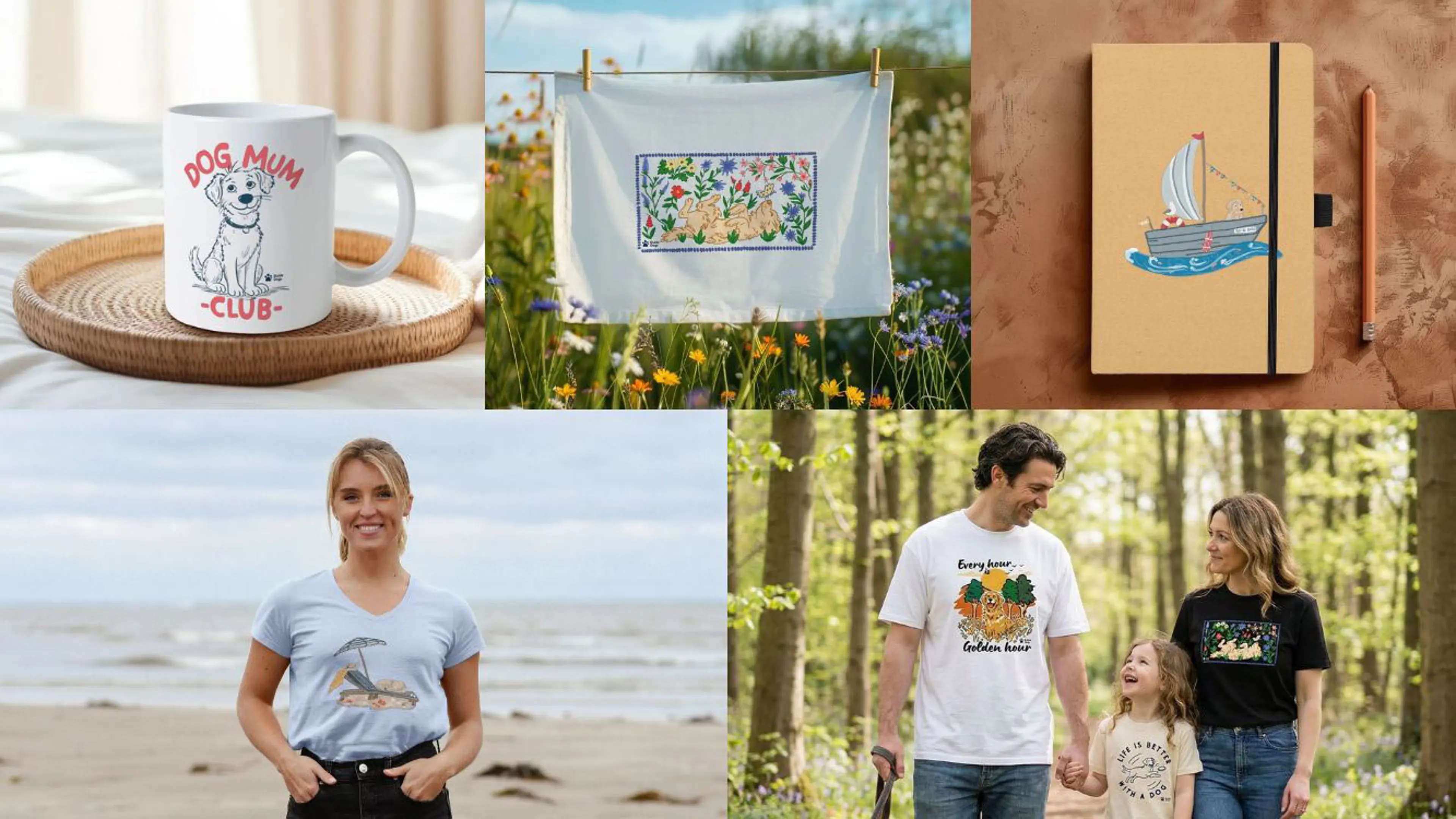A collage of 5 images of items in the Guide Dogs Teemill Store, from left to right: a mug, a tea towel, a notebook and pen, a woman wearing a t-shirt and a man, woman and child wearing t-shirts. 