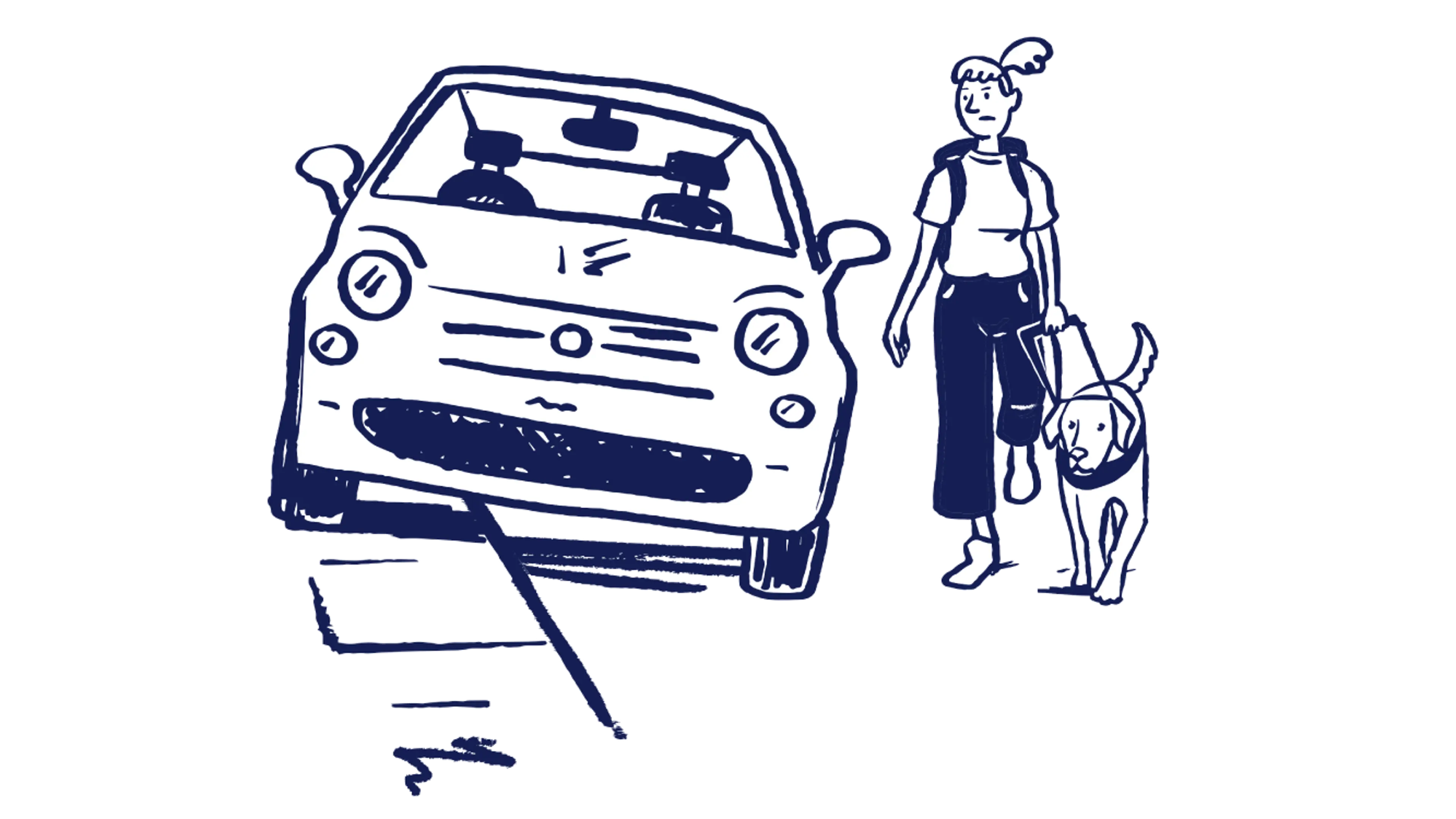 Illustration of a woman walking with her guide dog in the road, beside a car which is parked on the pavement. She looks unhappy.