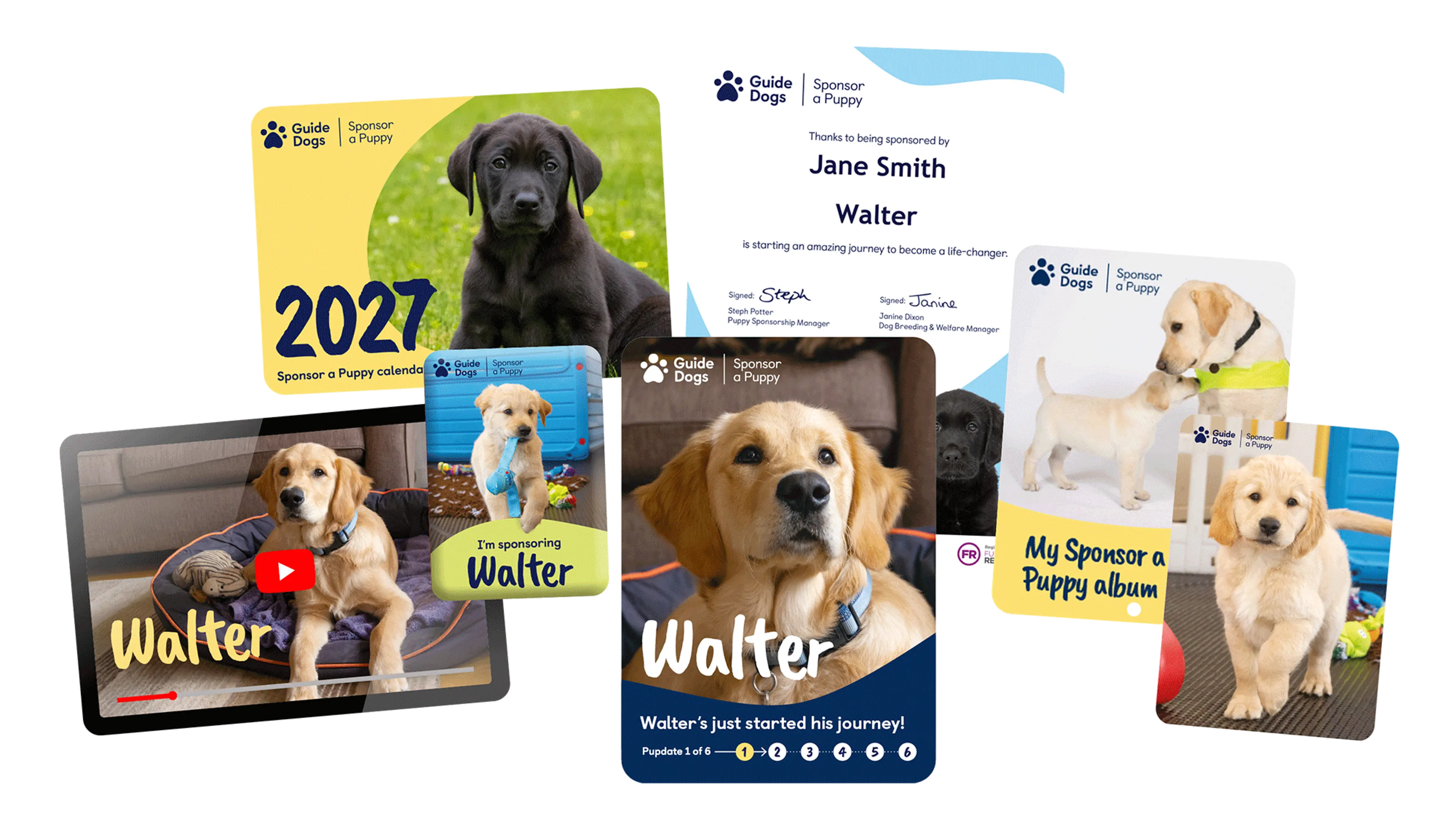 Welcome pack contents including certificate, 2027 calendar, photo album and magnet.