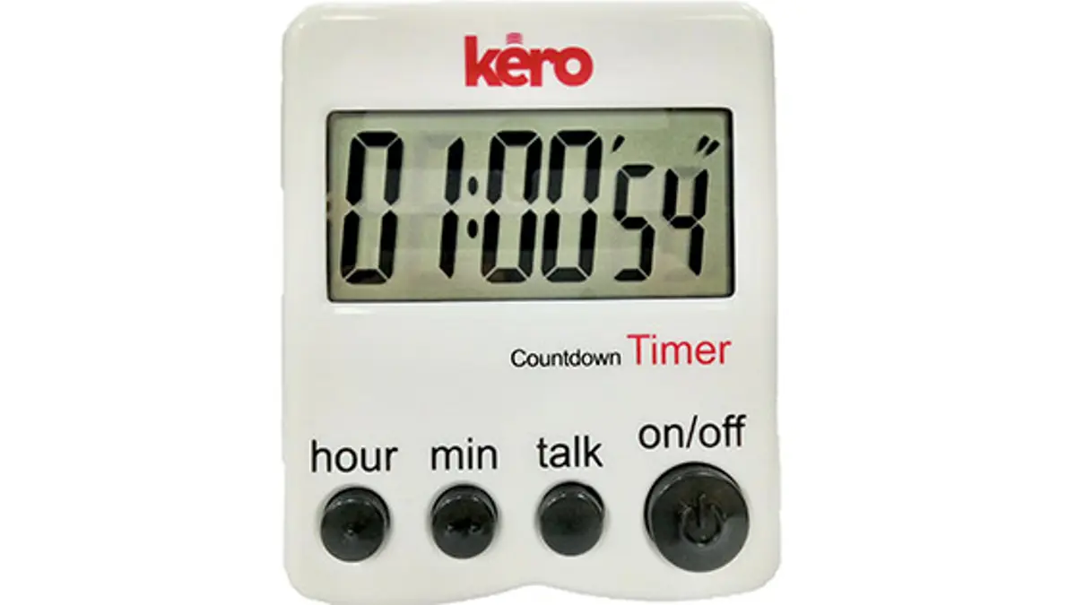 A timer with four tactile buttons and large numbers, that also reads aloud.
