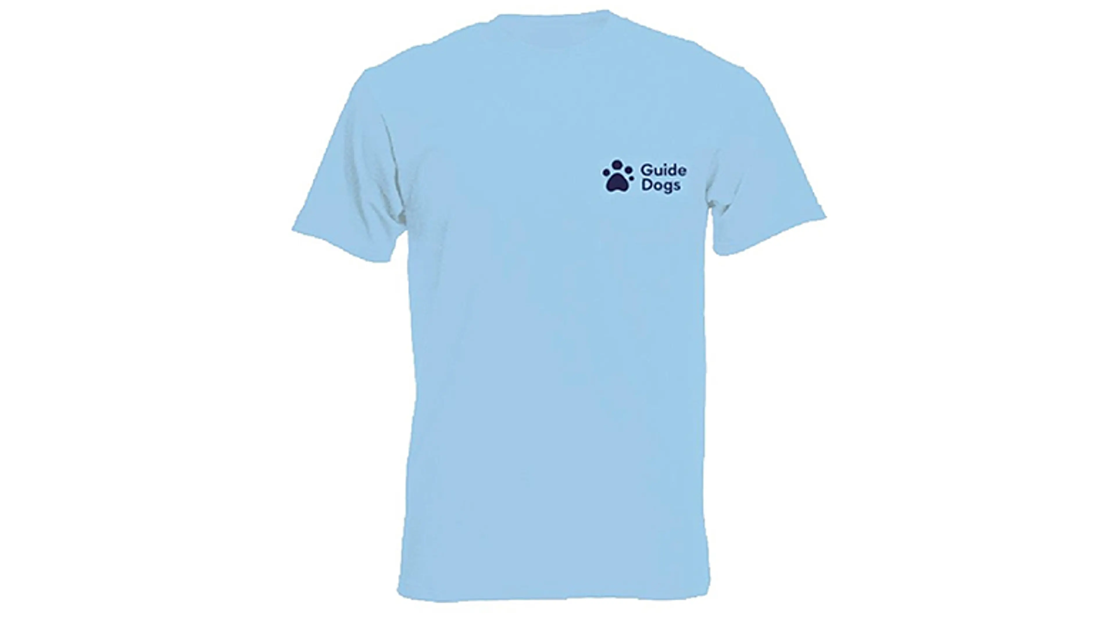 Round-neck men’s t-shirt in pale sky blue with a navy blue people paw logo and “Guide Dogs” wording on the left hand side of the chest.