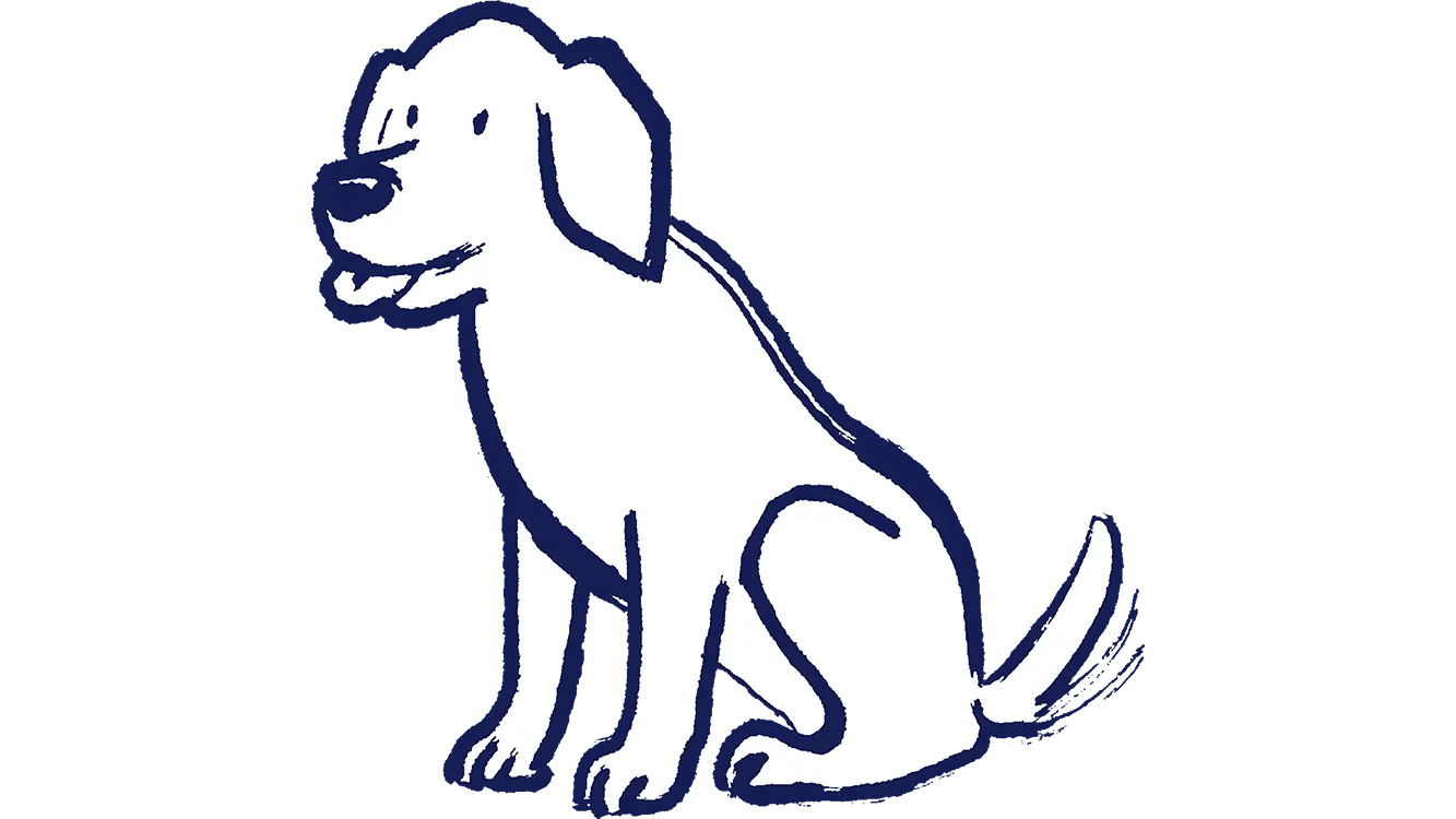 Illustration of a large puppy sitting. Its tongue is out, and it appears happy.