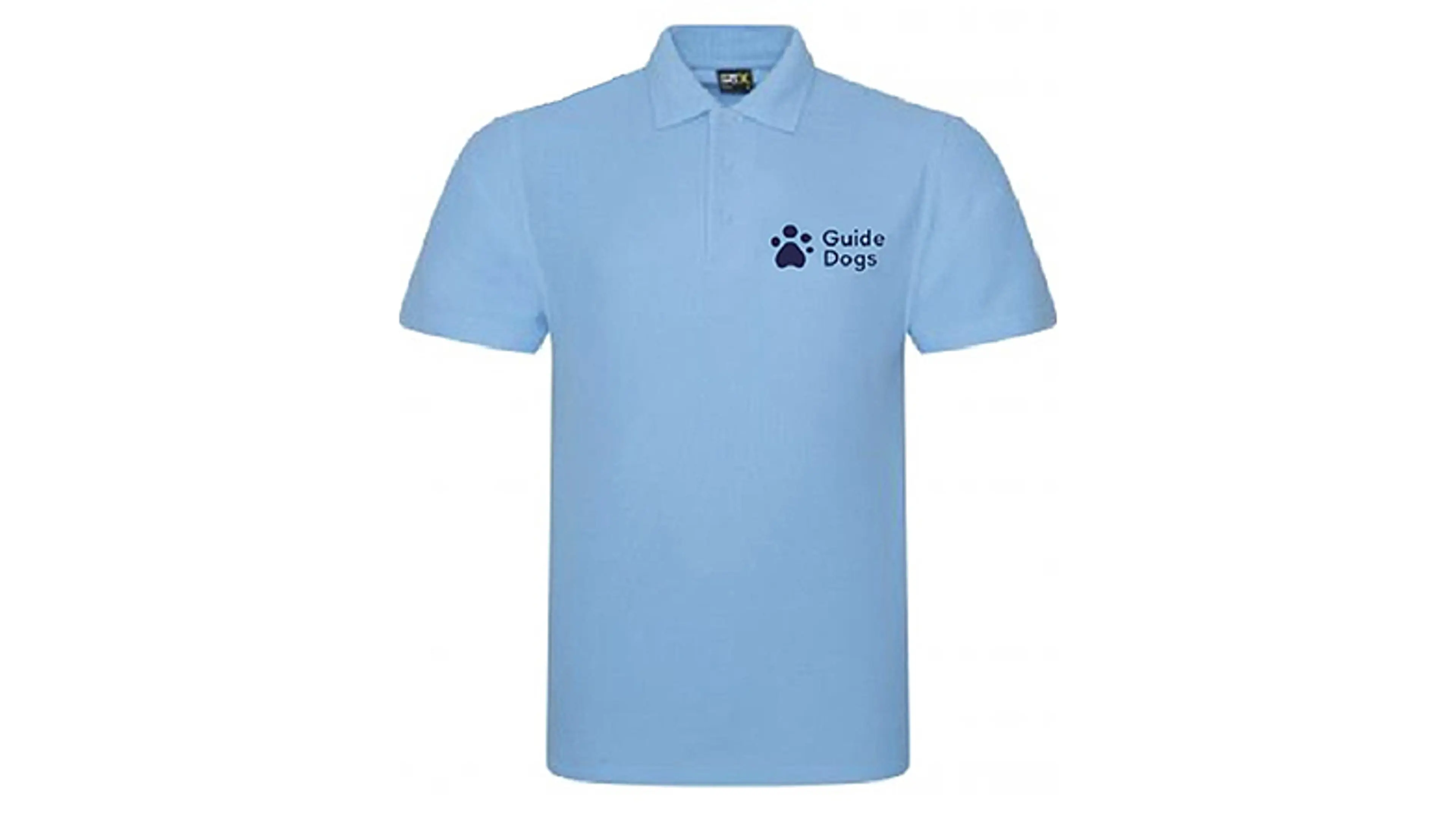 A polo-shirt in pale sky blue with a navy blue people paw logo and “Guide Dogs” wording on the left hand side of the chest.