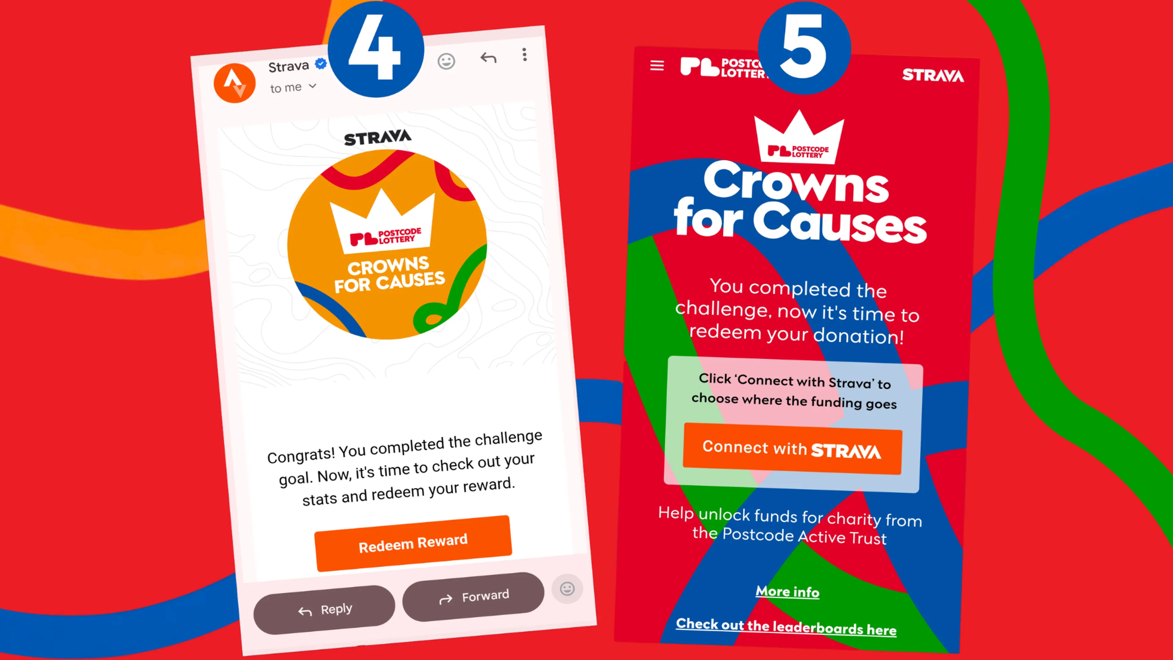 A red background displaying two screenshots of the Crown for Causes challenge showing how to complete the challenges. 