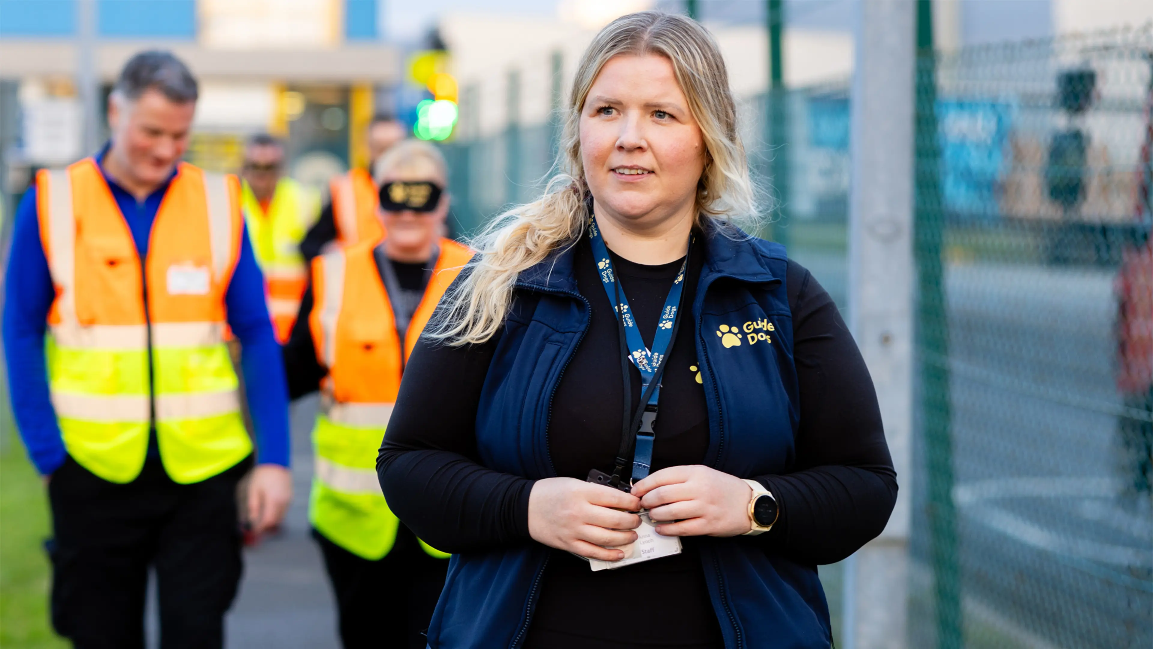 Staff at the Amazon Depot in Swansea receive sighted guide training from Guide Dogs.