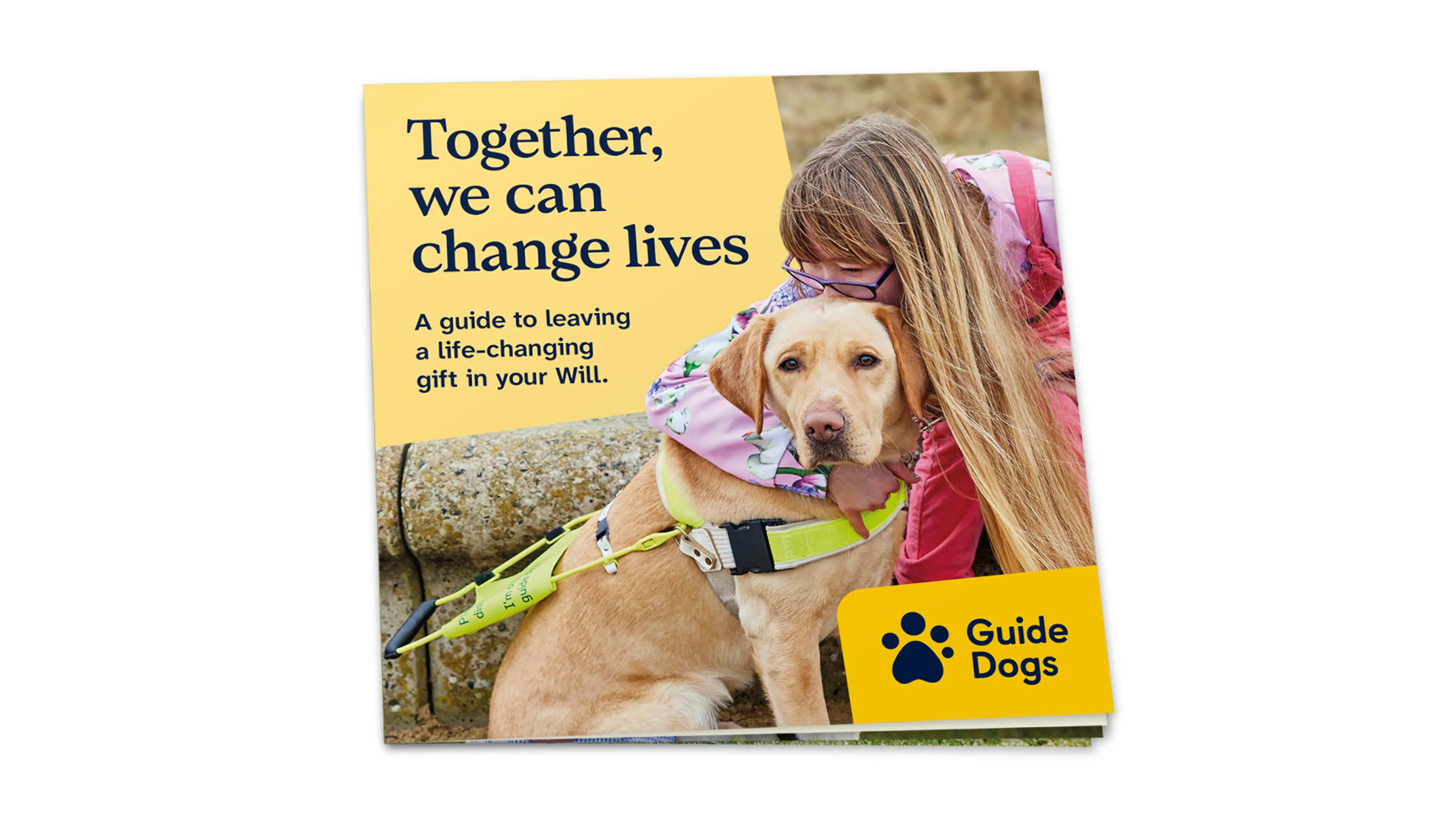 Gifts in Wills guide shot of pack featuring a young girl and her guide dog. The title is "Together, we can change lives".