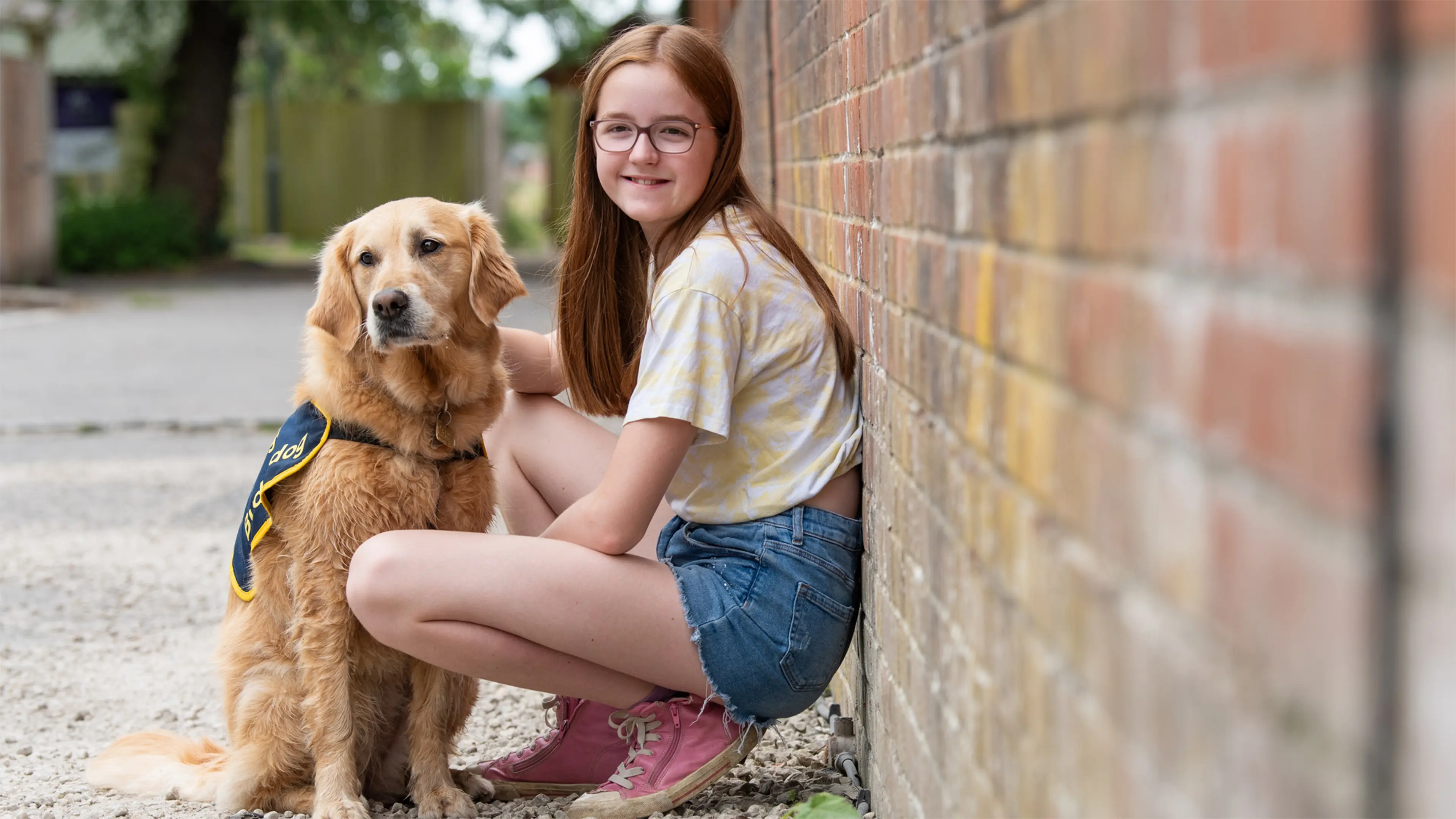 Freya, who has a vision impairment, crouches down by a wall next to her buddy dog Gwen.