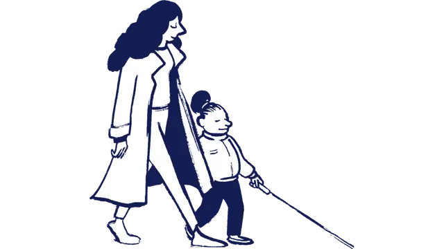 Illustration of a woman walking with a young girl to her side. The young girl is using a long cane.