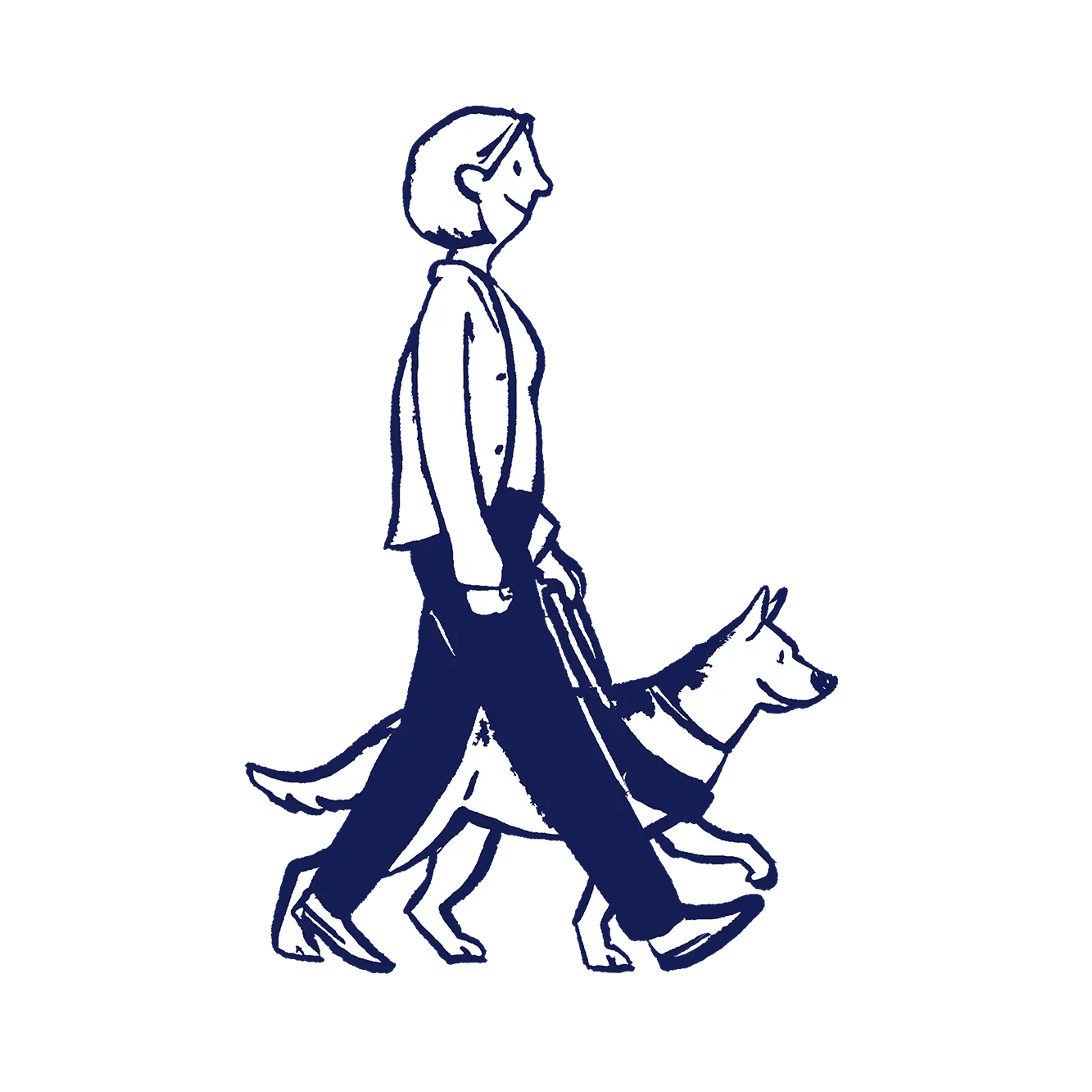 Illustration of a woman walking with a guide dog in harness.