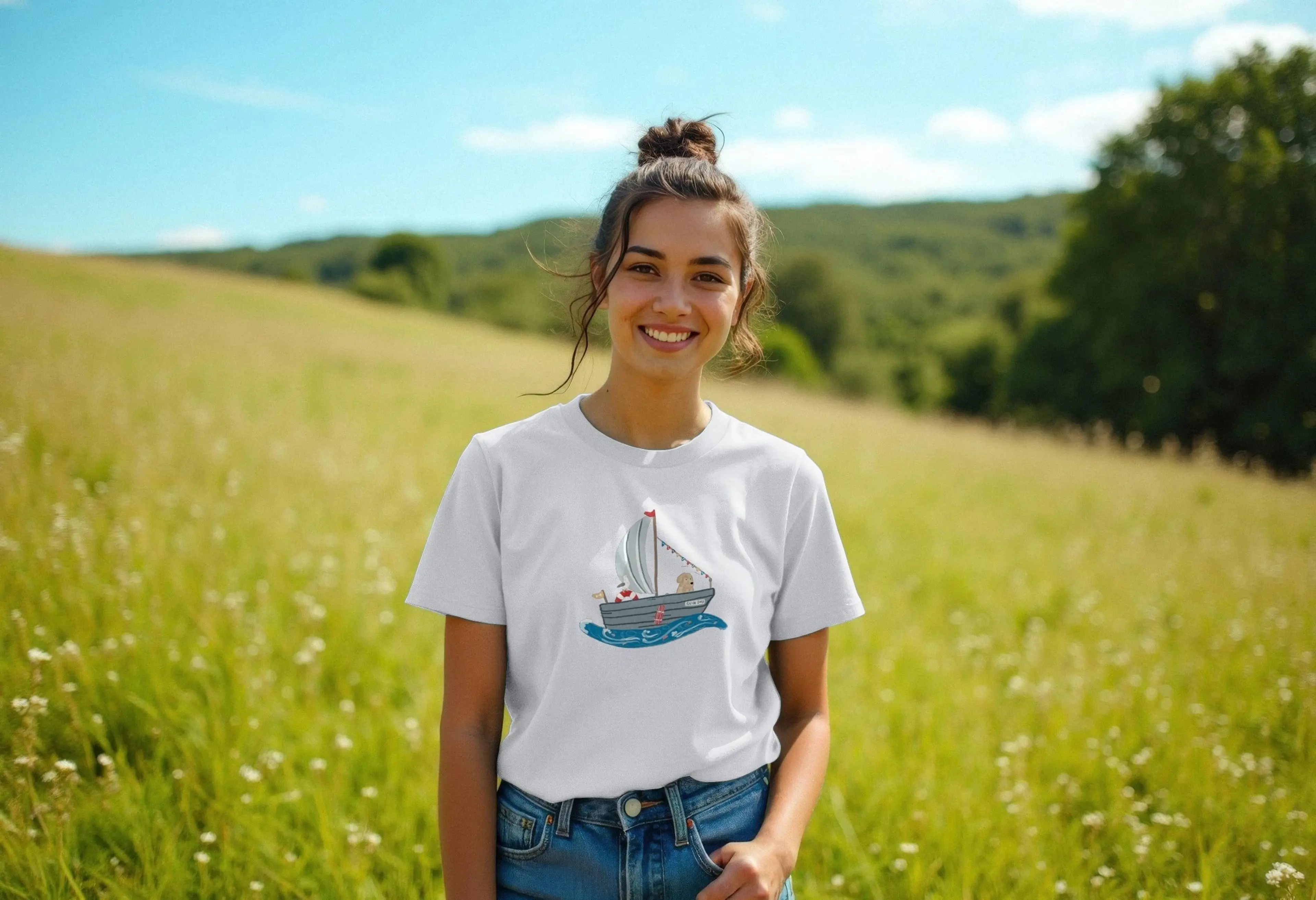 AI generated image of a woman smiling in a field on a sunny day. She is wearing a white Laura Fisher design t-shirt with a boat design on it.
