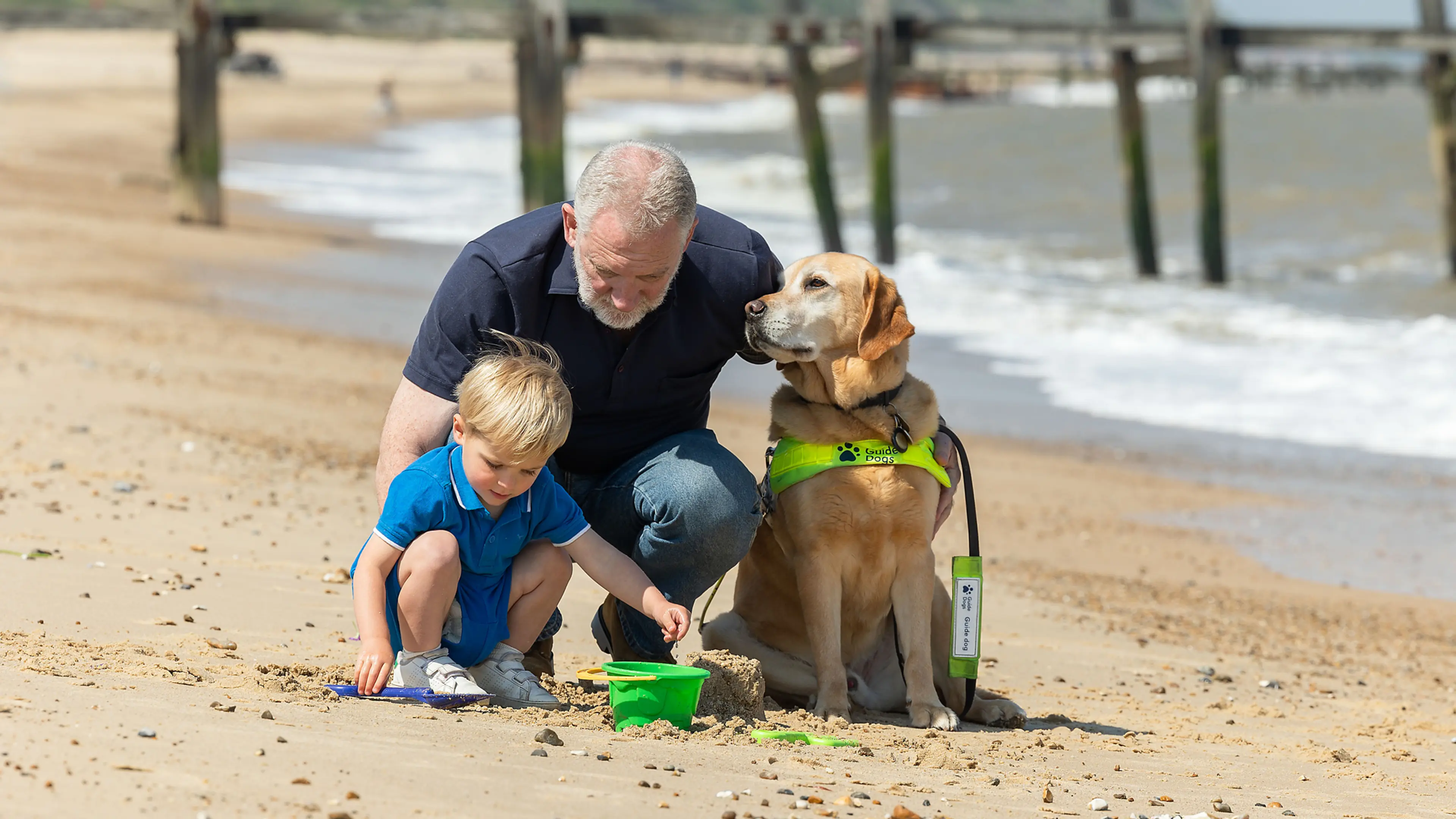 Guide dog owner Simon and his grandson sit on the beach, Simon has his arm around his guide dog Mayne.