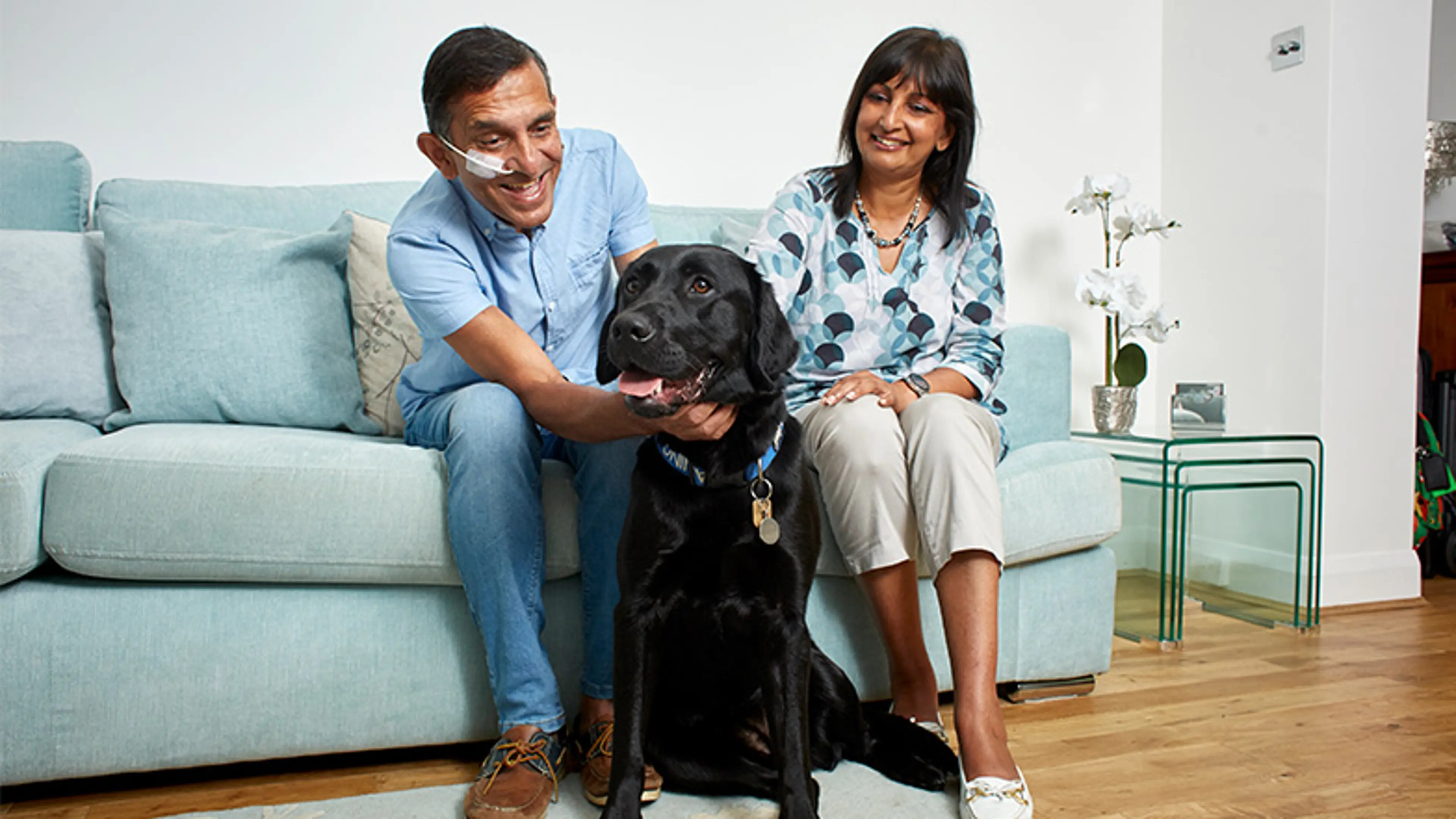 Two volunteer Fosterers sit on a sofa, smiling whilst one strokes a black Labrador that is training to be a Guide Dog. 