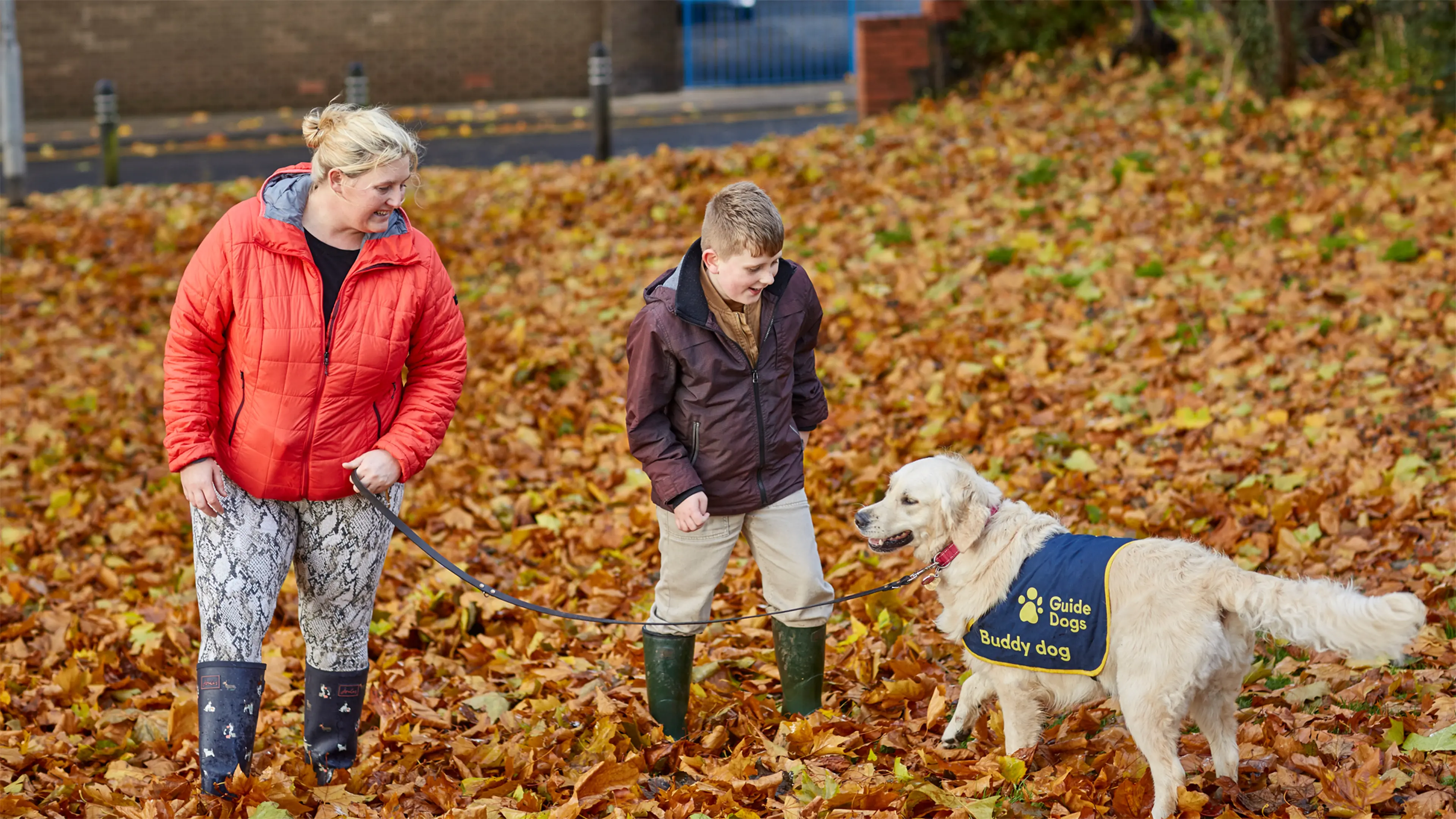 Archer, a young boy with a vision impairment, plays in the autumn leaves with his buddy dog Nancy and his mum.
